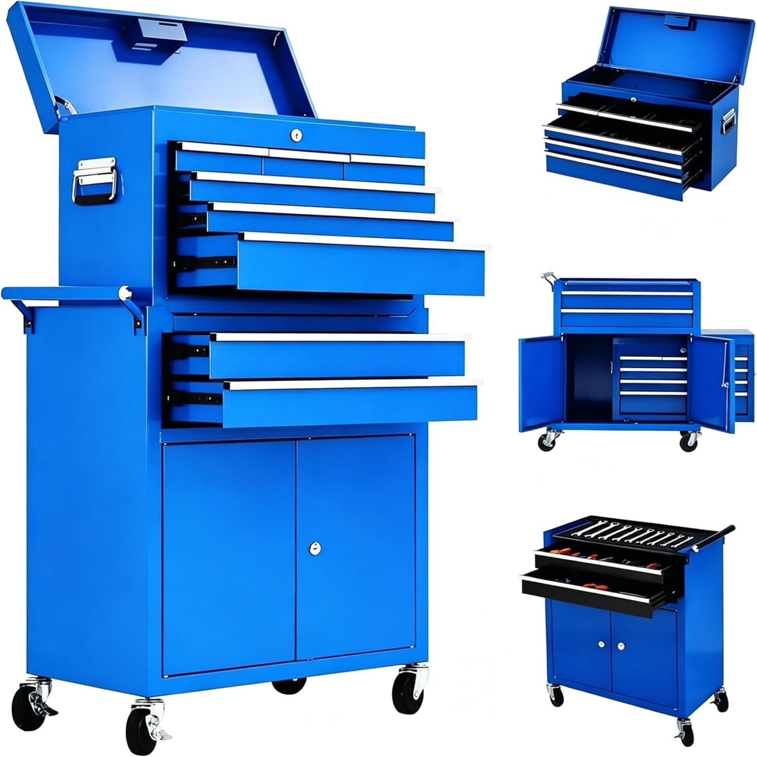 Garvee 24-Inch Heavy Duty 8-Drawer Tool Chest Rolling Tool Box Cabinet on Wheels 2-in-1 Detachable Metal Tool Storage Organizer Locking Steel Tool Cart with Portable Top Tool Box for Garage and Workshop Blue