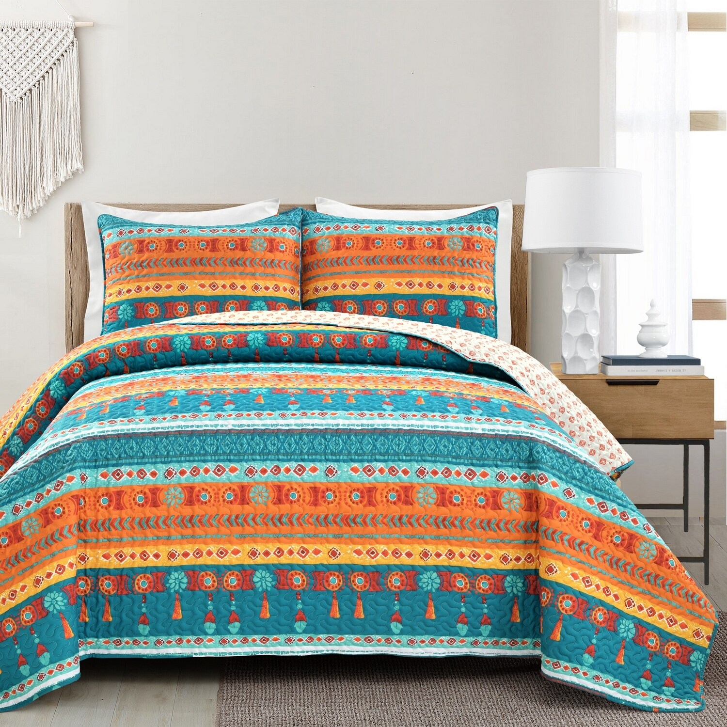 Bohemian Stripe Cotton Reversible Duvet Cover Set, Lush Decor