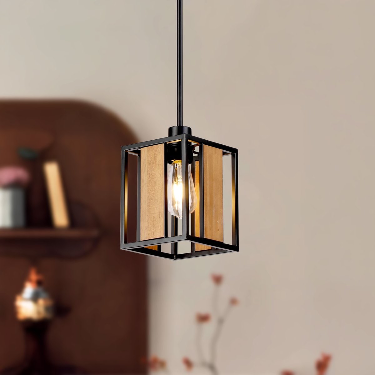 TALOYA JASM 6. 3inch 1-light Black square farmhouse-style Mini-Pendant Light for Kitchen Islands