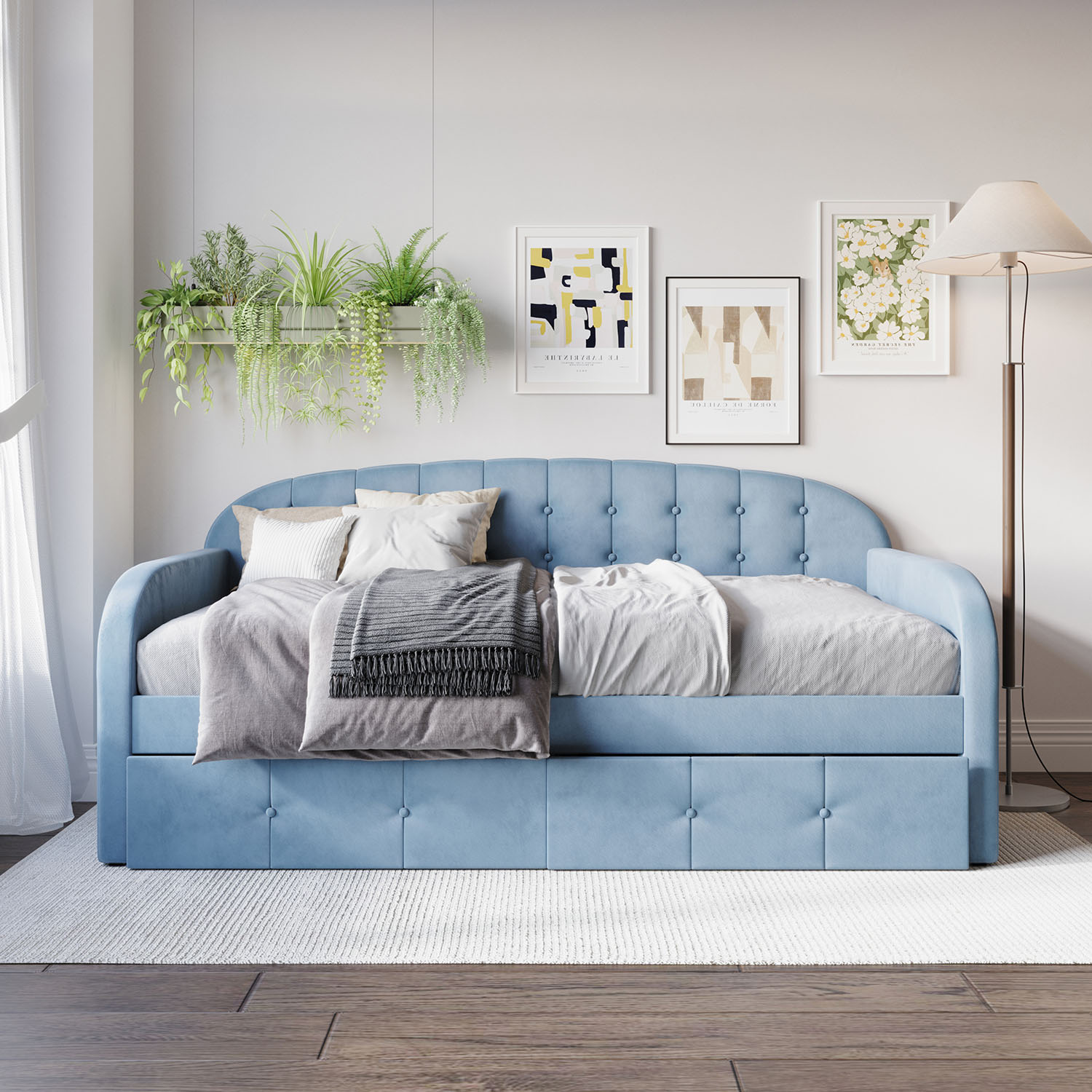 CasePiece C5090TS-LBL-VV-X2 Light Blue Twin Wood Daybed Bed with Storage