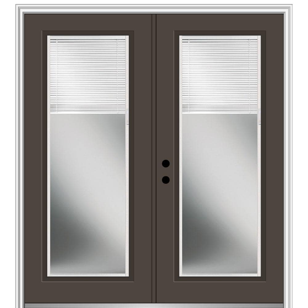 MMI DOOR ZZ04418R 60-in x 80-in x 4-9/16-in Fiberglass Full lite Right-hand inswing Brown Painted Prehung Double Front Door with Brickmould Insulating core with Blinds