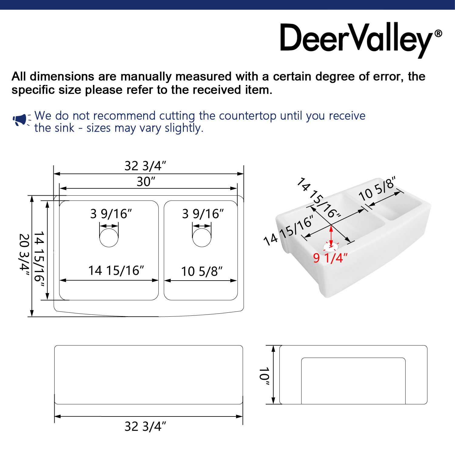 DeerValley 33" White Fireclay Double Bowl Farmhouse Sink