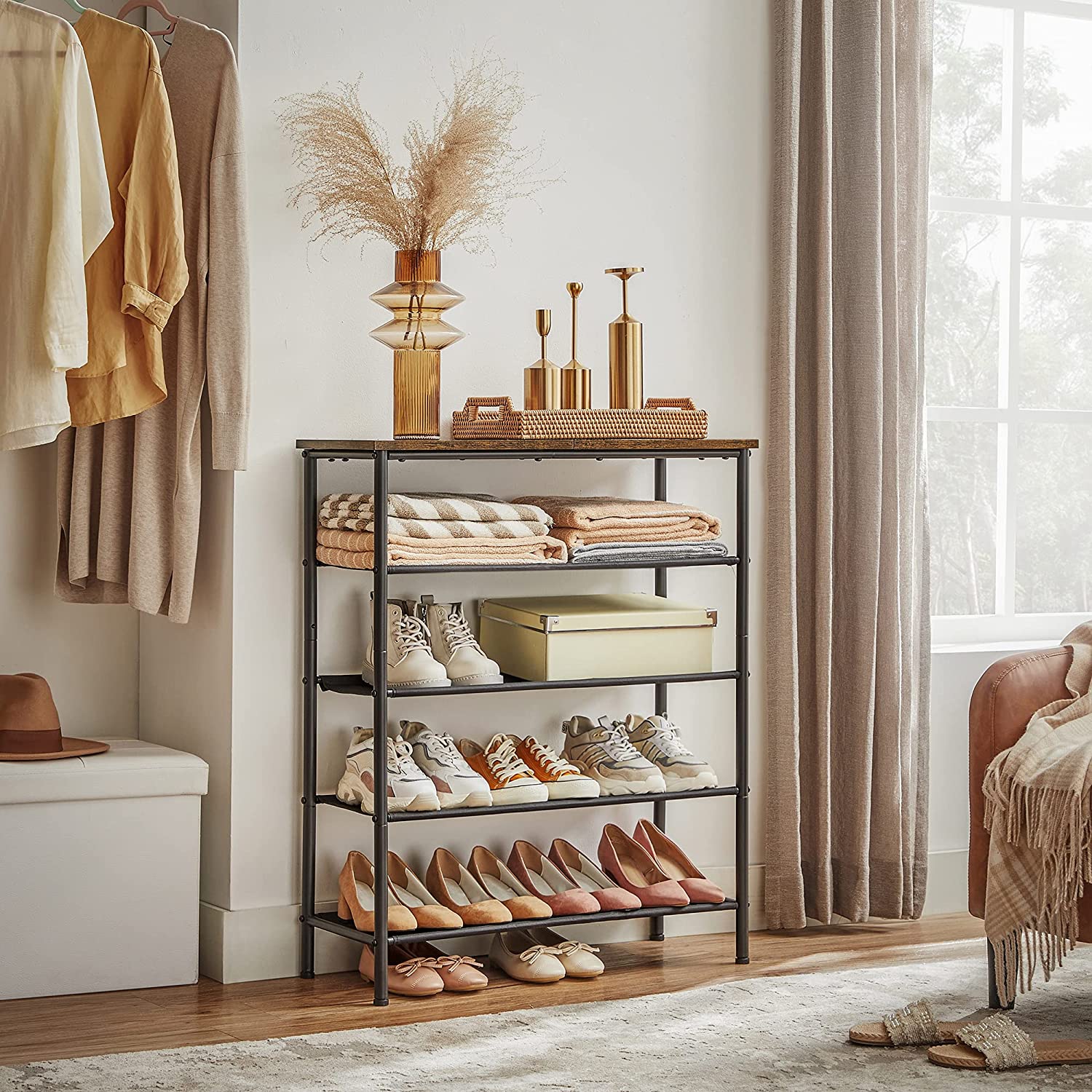 Slickblue 5-Tier Shoe Rack Holds 12 to 16 Pairs- Rustic Brown Black ...