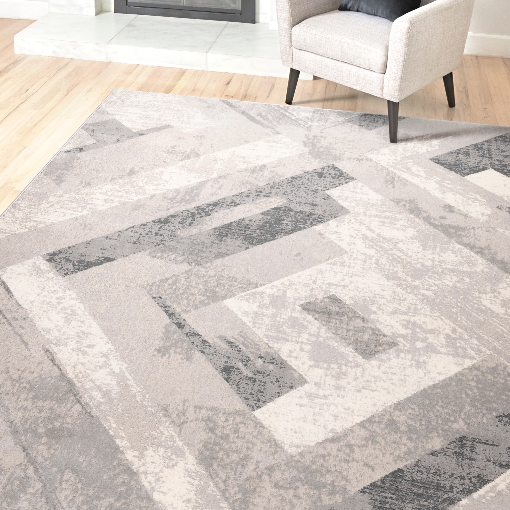 Ethan Soller Geometric Gray and Ivory Synthetic Area Rug, 5' x 7'