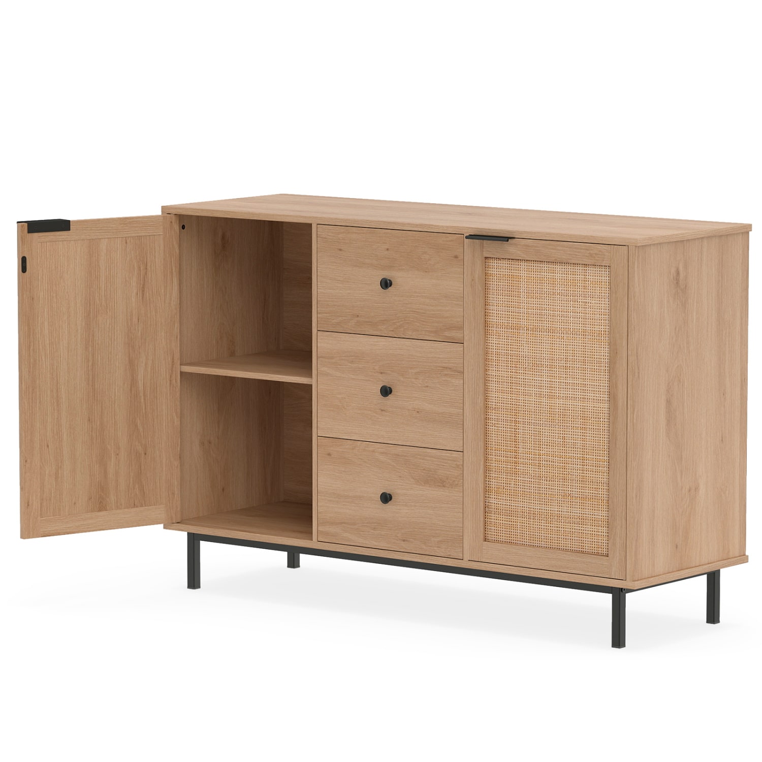 Volenca 47.5-in W Farmhouse Sideboard Buffet Coffee Bar Cabinet with 2 Rattan Doors and 3 Drawers