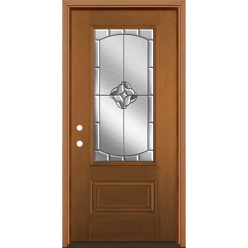 Masonite 3422810 Rozet 36-in x 80-in x 4-9/16-in Fiberglass 3/4 lite Right-hand inswing Woodhaven Stained Prehung Single door Front Door with Brickmould Insulating core Decorative glass