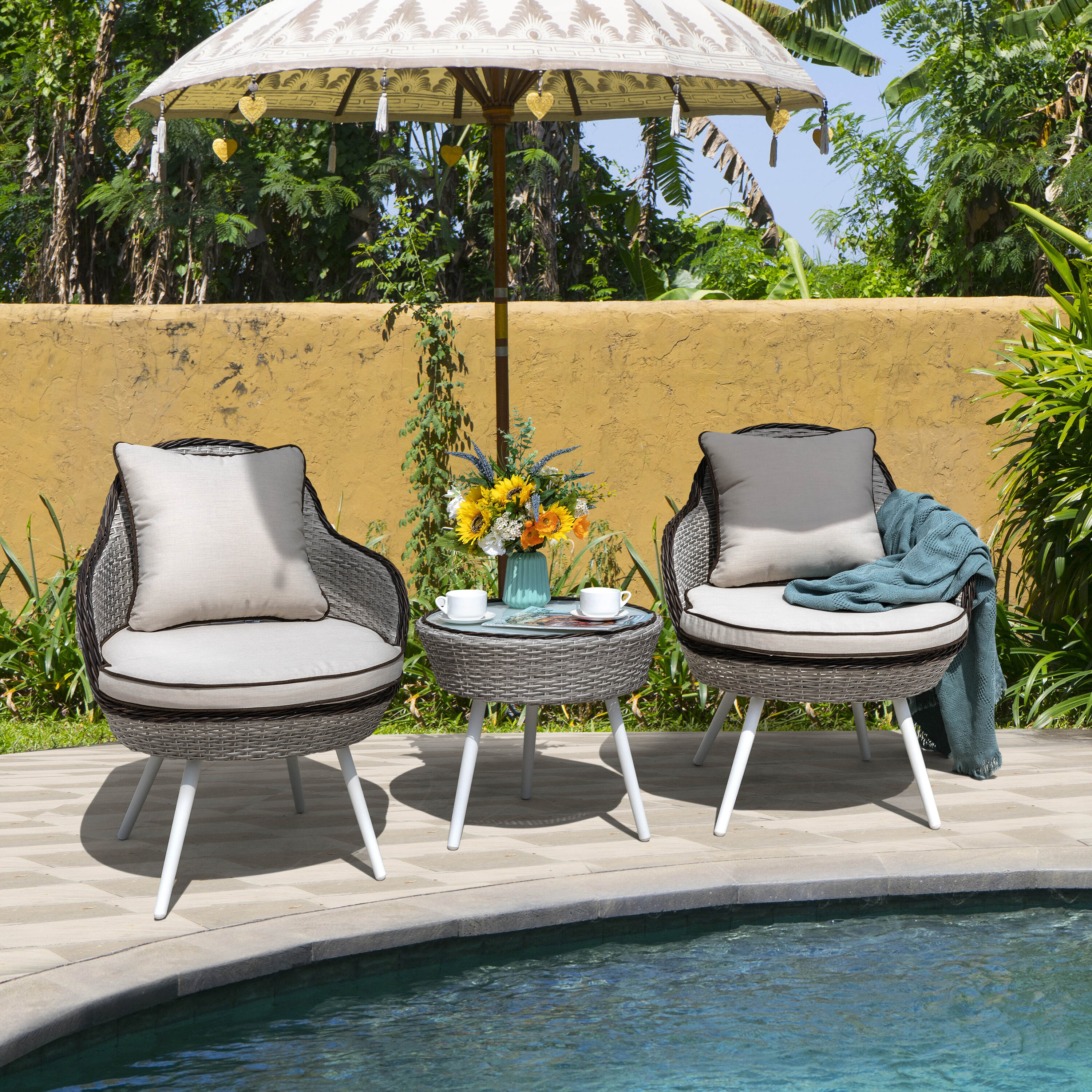 Nuu Garden 3 Bistro Patio Dining Set Rattan Round Table with 2 Cushions ...