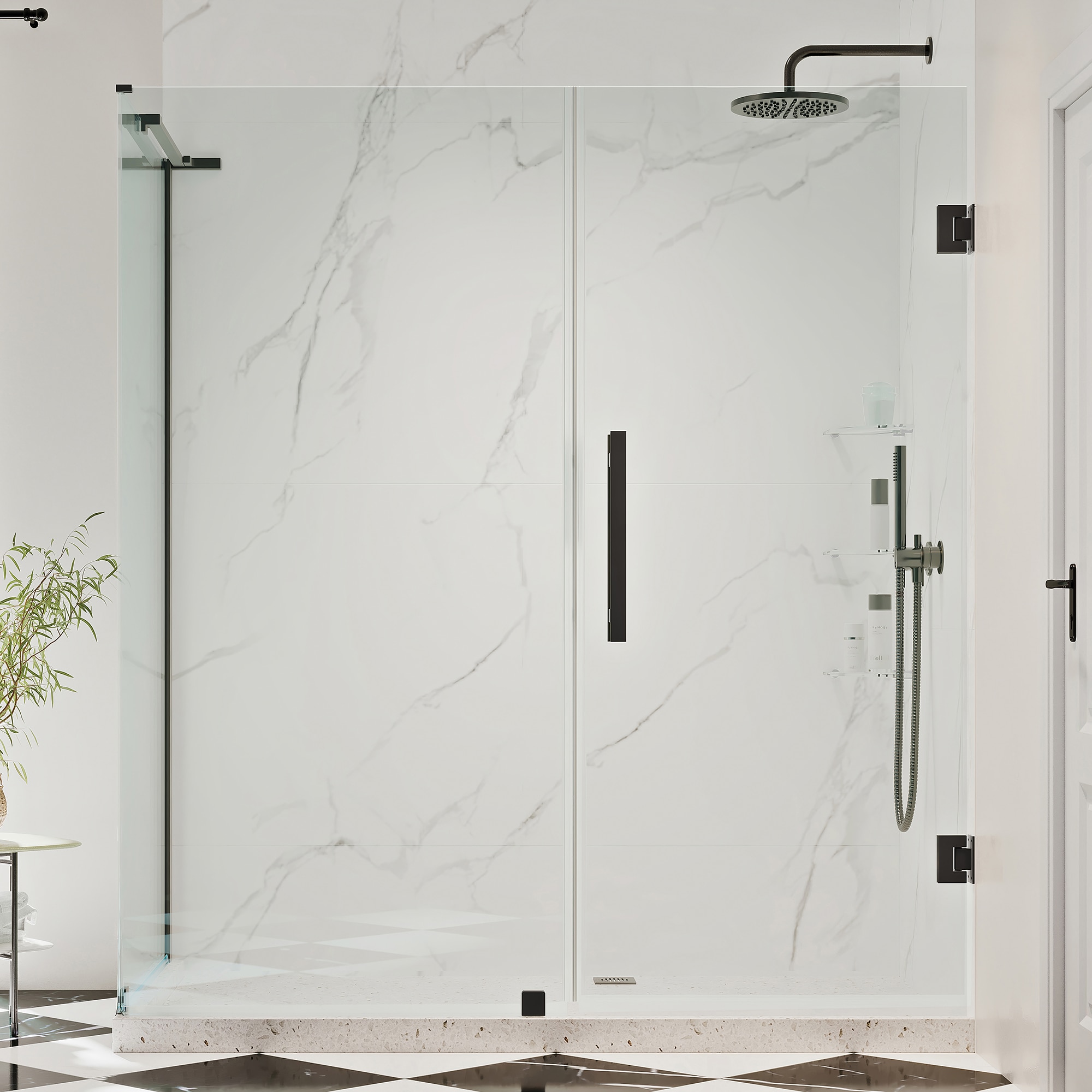 OVE Decors 828796068017 Tampa-Pro Matte black 57-1/16-in W x 72-Inches H Frameless Corner Pivot Shower door 5/16-in Thick Clear Glass