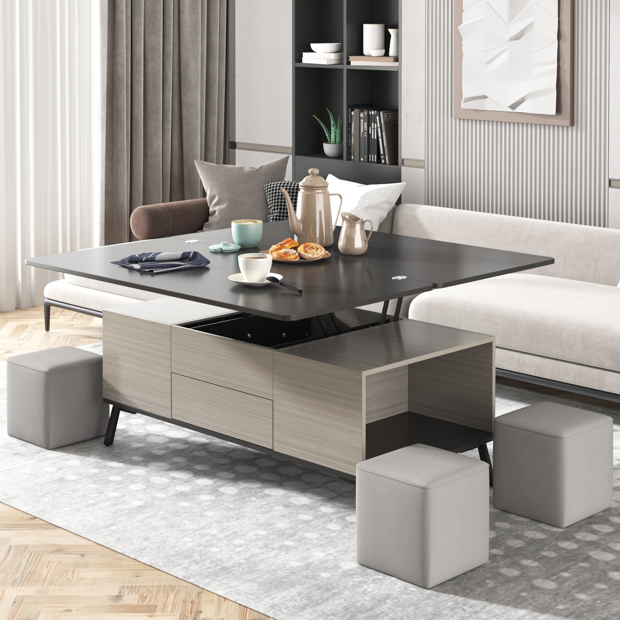 ModernLuxe L3P-CH307469AAG 5 Pieces Lift Top Coffee Table Set with Storage Convertible Dining Table with Ottomans