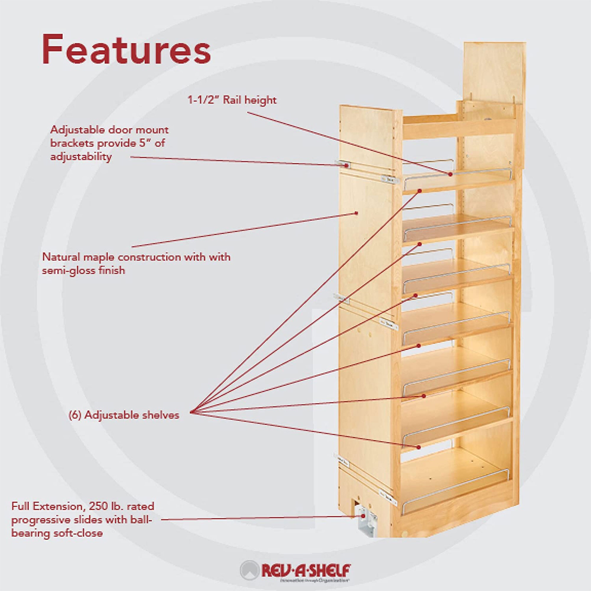  Rev-A-Shelf 448-TP58-14-1 Full Extension 6 Shelf Cabinet Pantry  Drawer Organizer with Soft Close, Adjustable Shelves, and Chrome Rails,  Natural Maple : Home & Kitchen