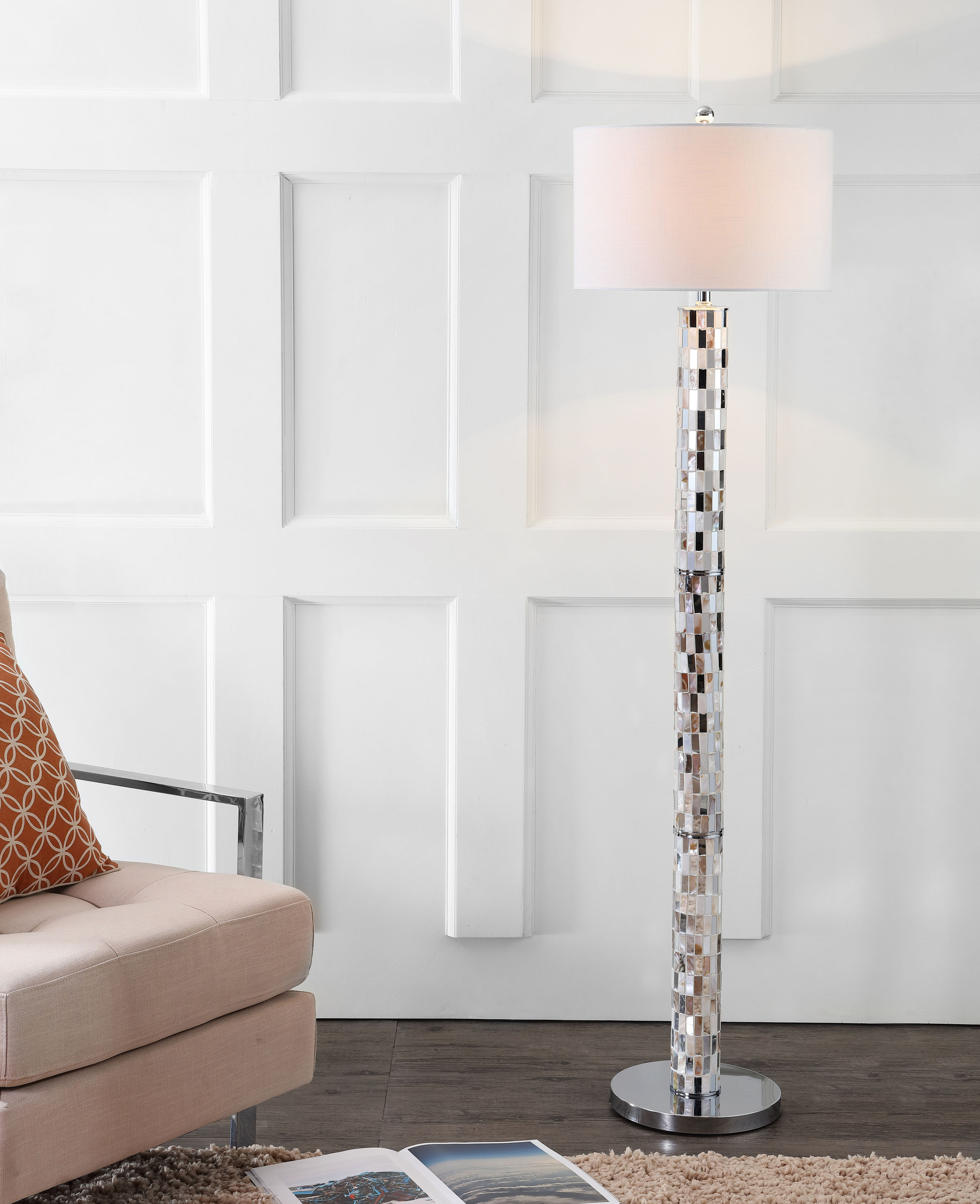 Liam 63.5" Seashell Mosaic LED Floor Lamp with White Linen Shade