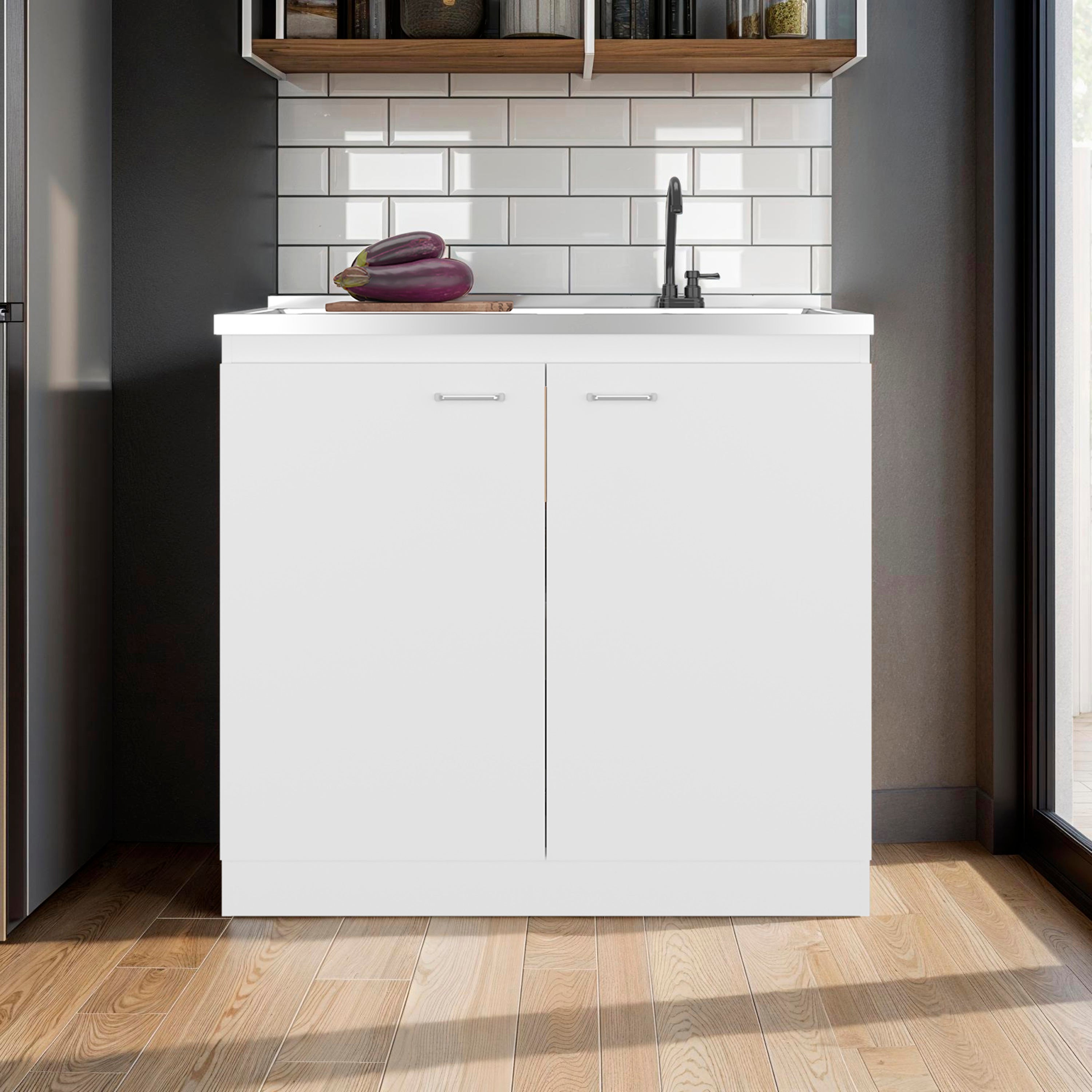 LOVMOR  39.4-in x 20.6-in White Utility Sink with Cabinet with 2 Doors with 3 Shelves