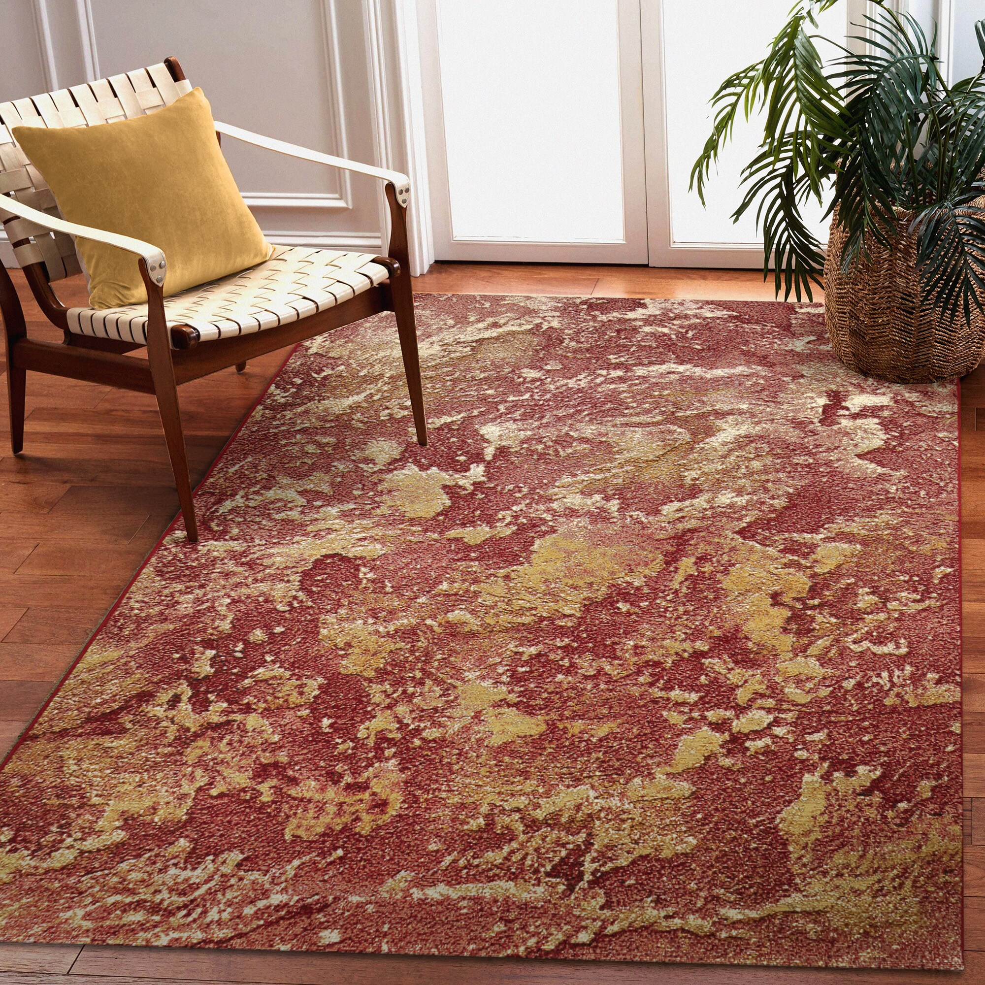 Crimson Flow Abstract 5' x 7' Red & Gold Synthetic Area Rug