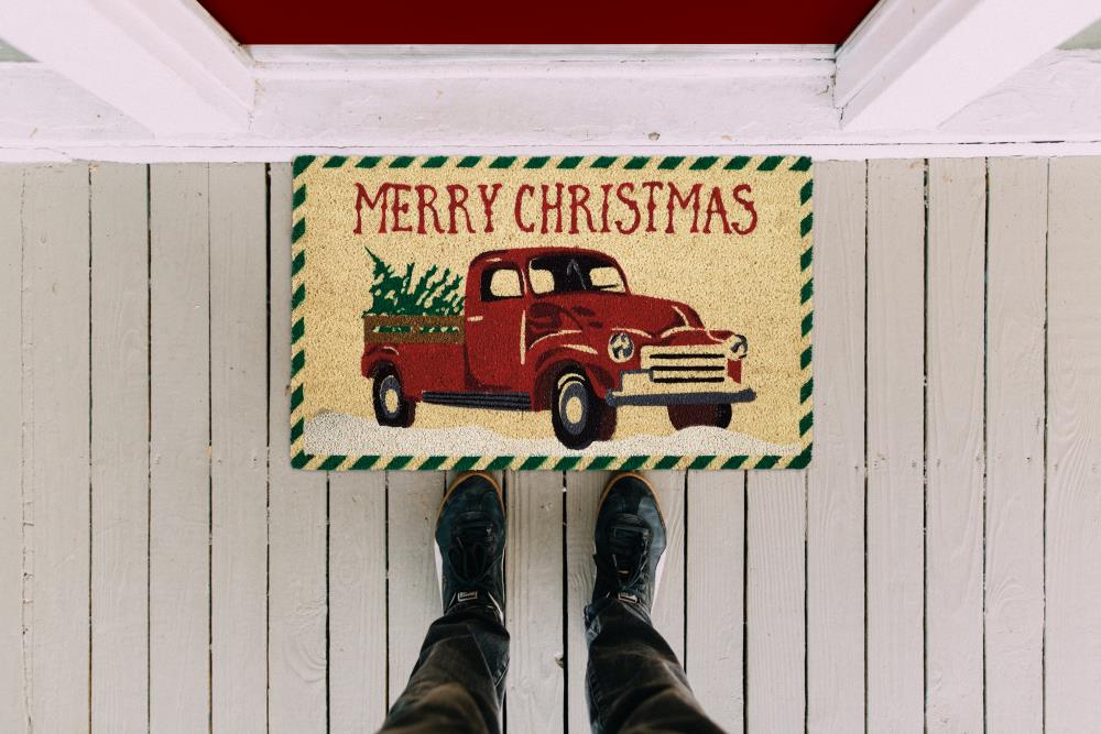 Christmas Door Mat Outdoor for Front Door Decorations , Red Farm Truck  Merry Christmas Tree Doormat,Winter Christmas Holiday Welcome Floor Mat Rug  Entryway for Front Porch Farmhouse Decor, 30 x 17 