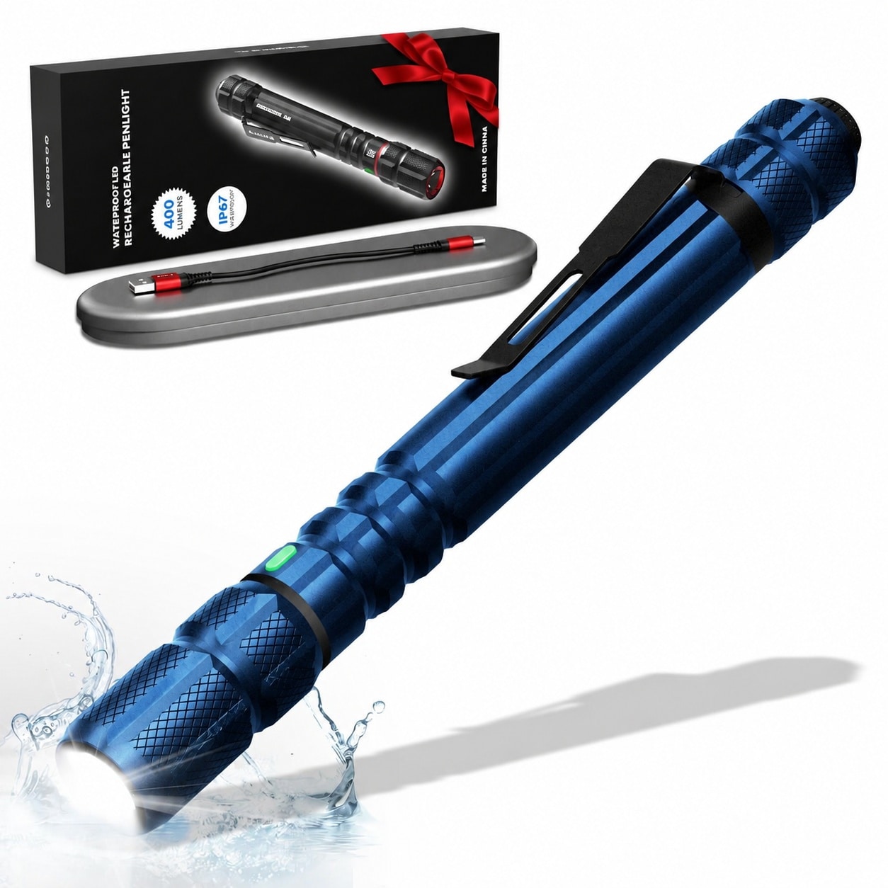 SenQWFa  Pen Light Flashlight 400 Lumens Small Pocket Flashlight with Clip IP67 Waterproof 2 Light Modes Type C Charging Blue for Inspection