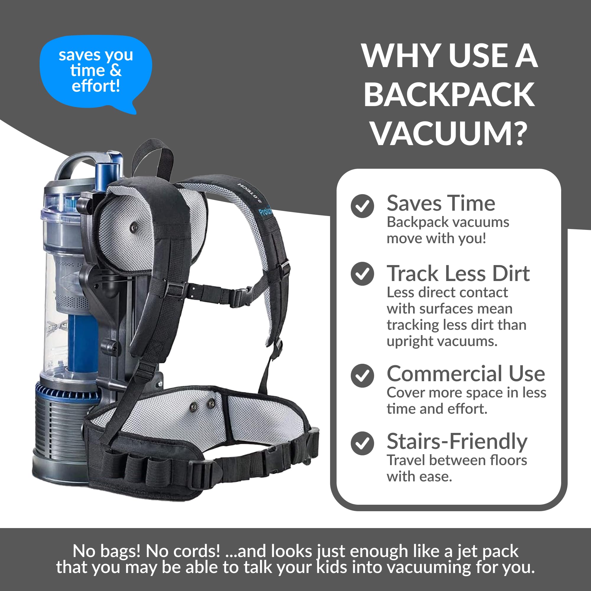 Prolux 2.0 Lightweight Gray Bagless Backpack Vacuum with HEPA Filter
