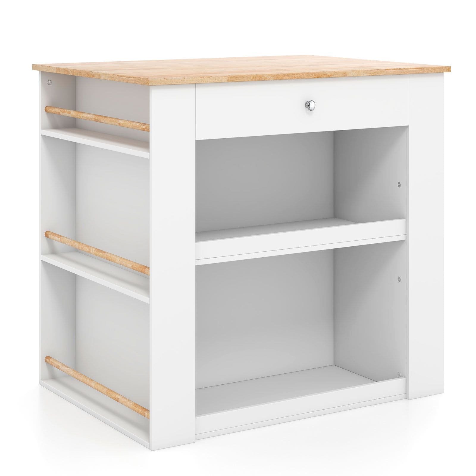 Slickblue - White Rubber Wood and Engineered Wood Base with Rubber Wood Top Top Kitchen Island wi...