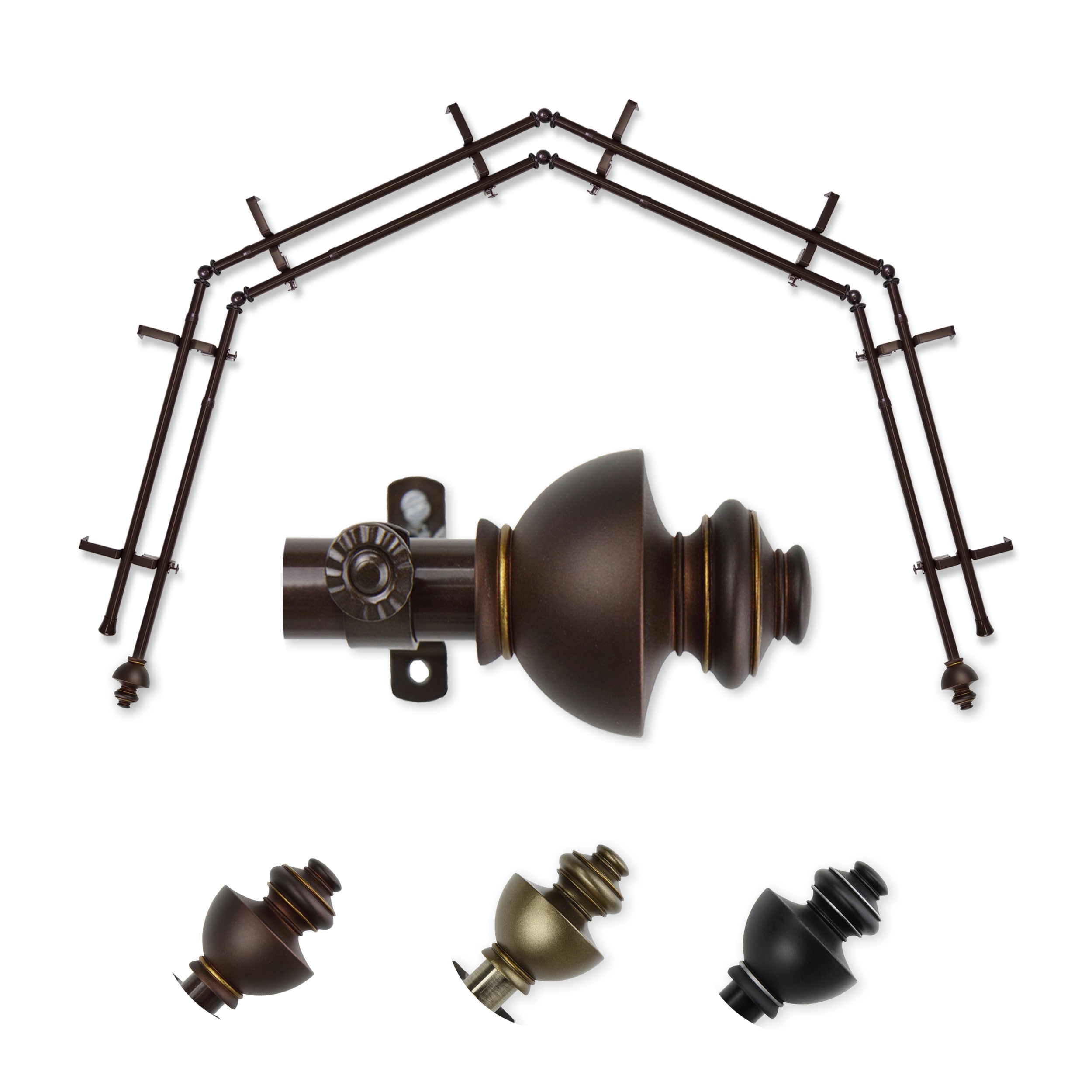 Hart & Harlow L-4BAY-04-7D Ornate 4-Sided Double Bay Cocoa Steel Bay window curtain rod with Finials