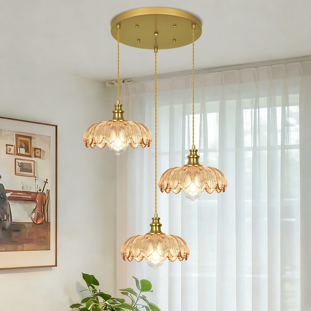 Henveton Kinlea 3-Light Gold Cluster Chandelier with Amber Scalloped Flower Glass Shades Adjustable Hanging Fixture for Kitchen Island Dining Room