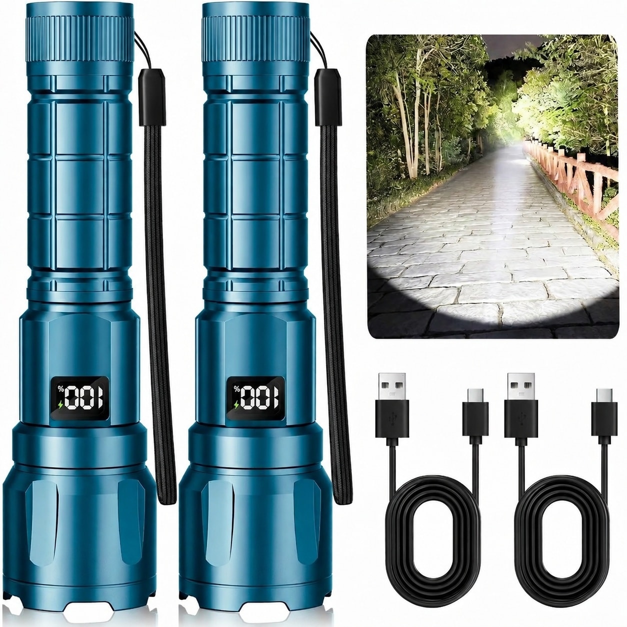 Justincity  2 Pack LED Rechargeable Flashlight 3 Modes High Lumens Zoomable Tactical Flashlight with LCD Display IP65 Waterproof Blue 1.57 x 1.57 x 5.9 in