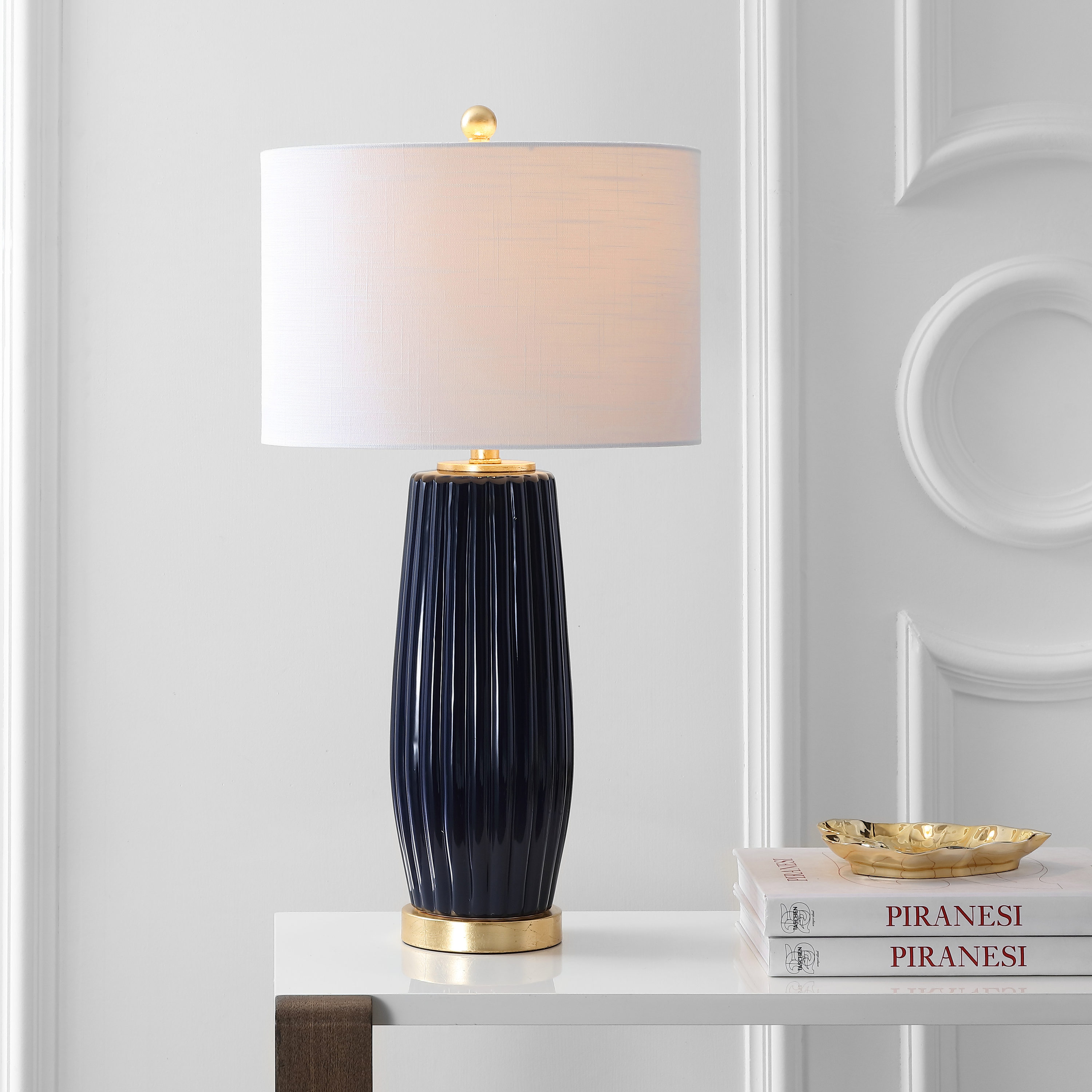 JONATHAN  Y JYL5045A Roman Ceramic Transitional Glam 28.5-in Navy LED Incandescent Rotary socket Table Lamp with Linen Shade