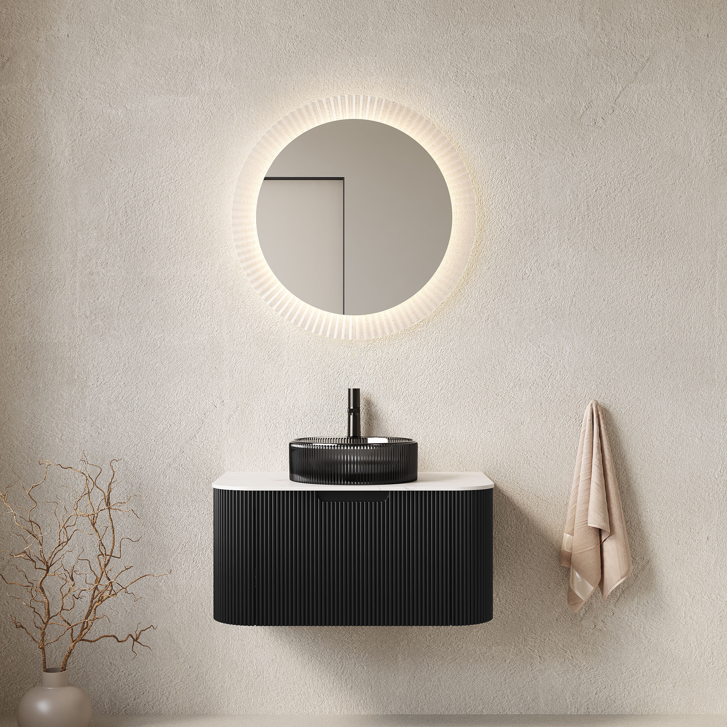 GDFStudio Dina 30 in. Modern Wall Mounted Floating Bathroom Vanity with Sintered Stone Top -  Transparent Black Glass Basin and Soft-Close Curved-Edge Drawer - Black