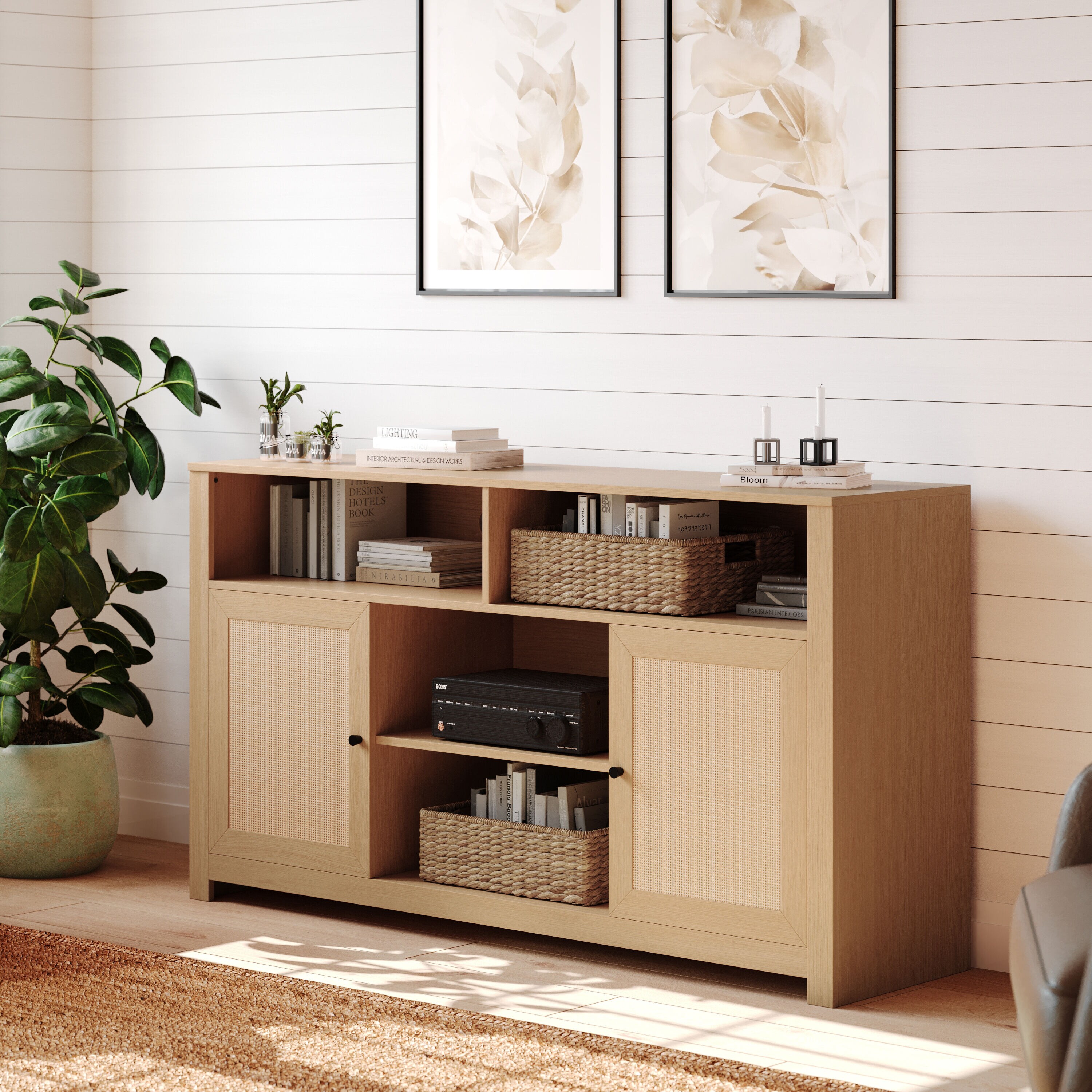 Merrick Lane Burkett 58-in Mid-Century Modern Two Door Buffet; TV Stand with Shelving in Natural Fits Tvs up to 65-in