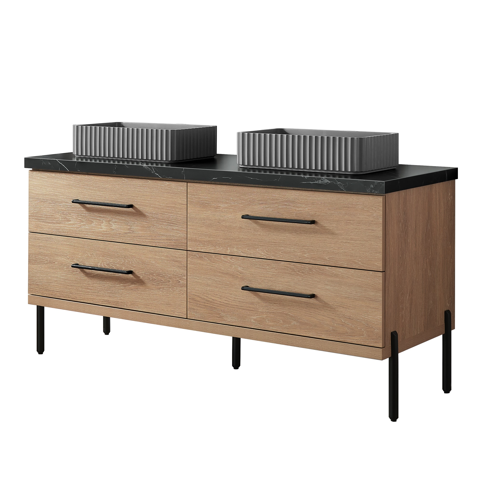 Vinnova 60-in North American Oak Finish Double Sink Bathroom Vanity with Black Sintered Stone Top Sintered Stone Top