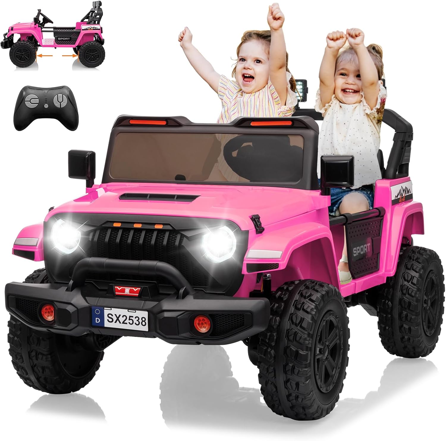 Qeetex RIDEPTG334VD46M 24V 2 Seater Kids Ride On Car With Adjustable Length 4WD Remote Control Three Speeds Music Lights And Safety Harness Pink