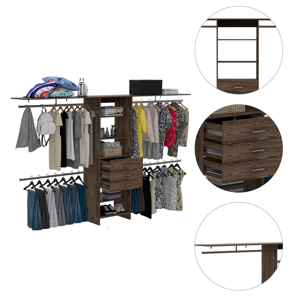 Wooakway Dark Walnut 118 in Wide Closet System with 4 Hanging Rods 3 ...