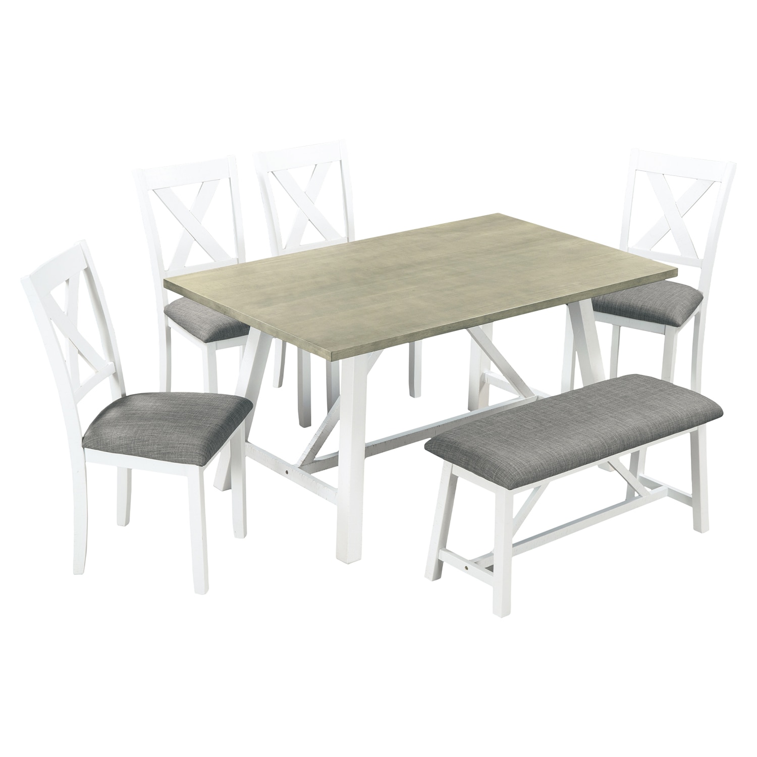 SINOFURN SYA010213WT White Rustic Dining Room Set with Rectangular Table ( Seats 6 )