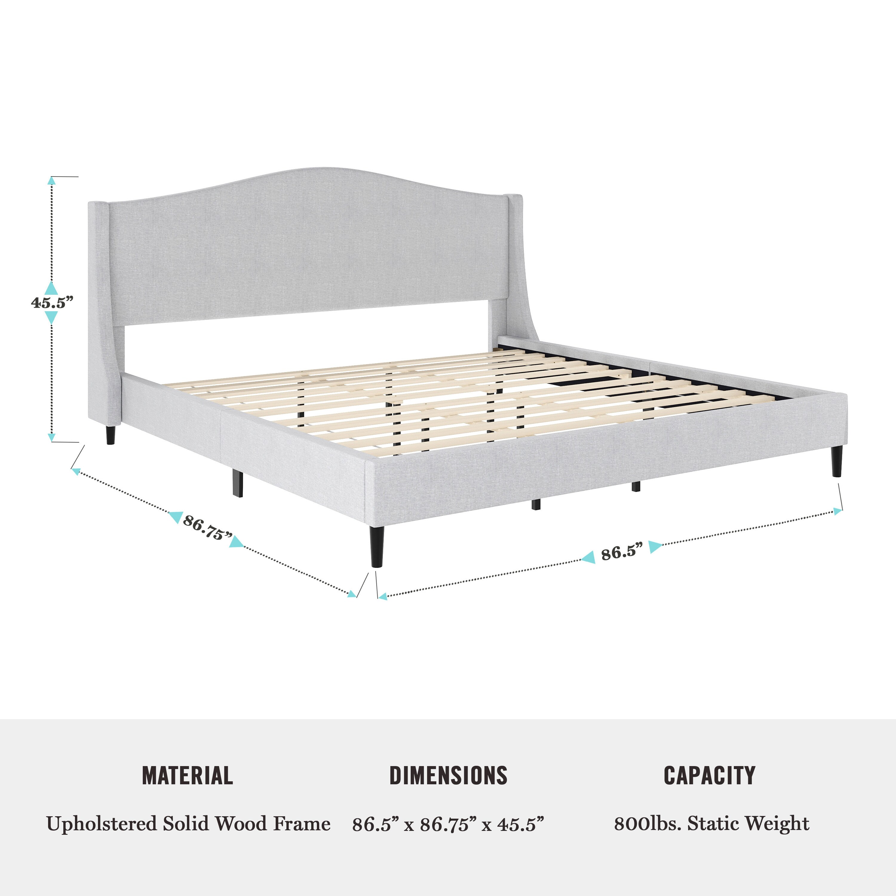 King Gray Linen Upholstered Platform Bed with Curved Headboard