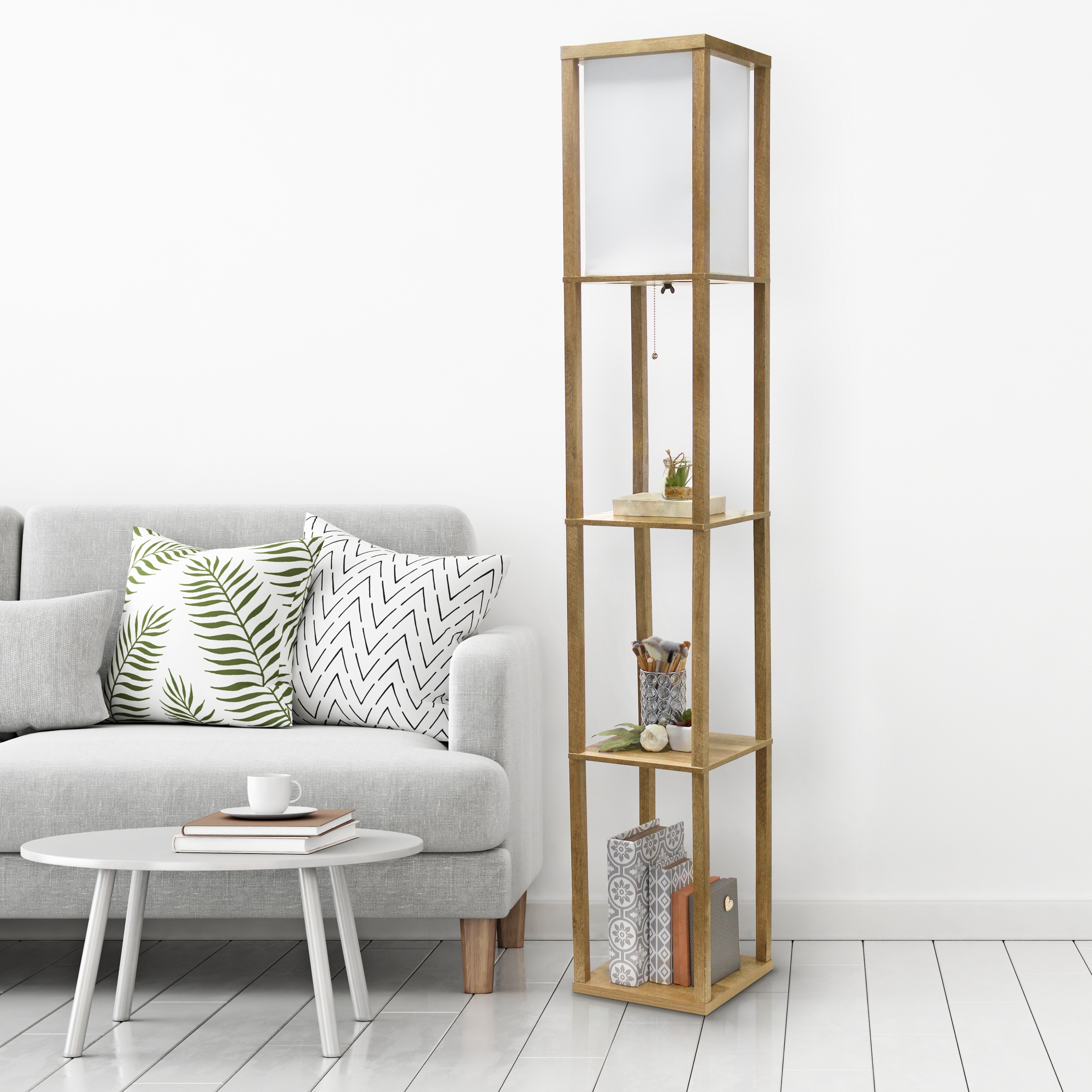 62.5" Black MDF 3-Tier Floor Lamp with Linen Shade