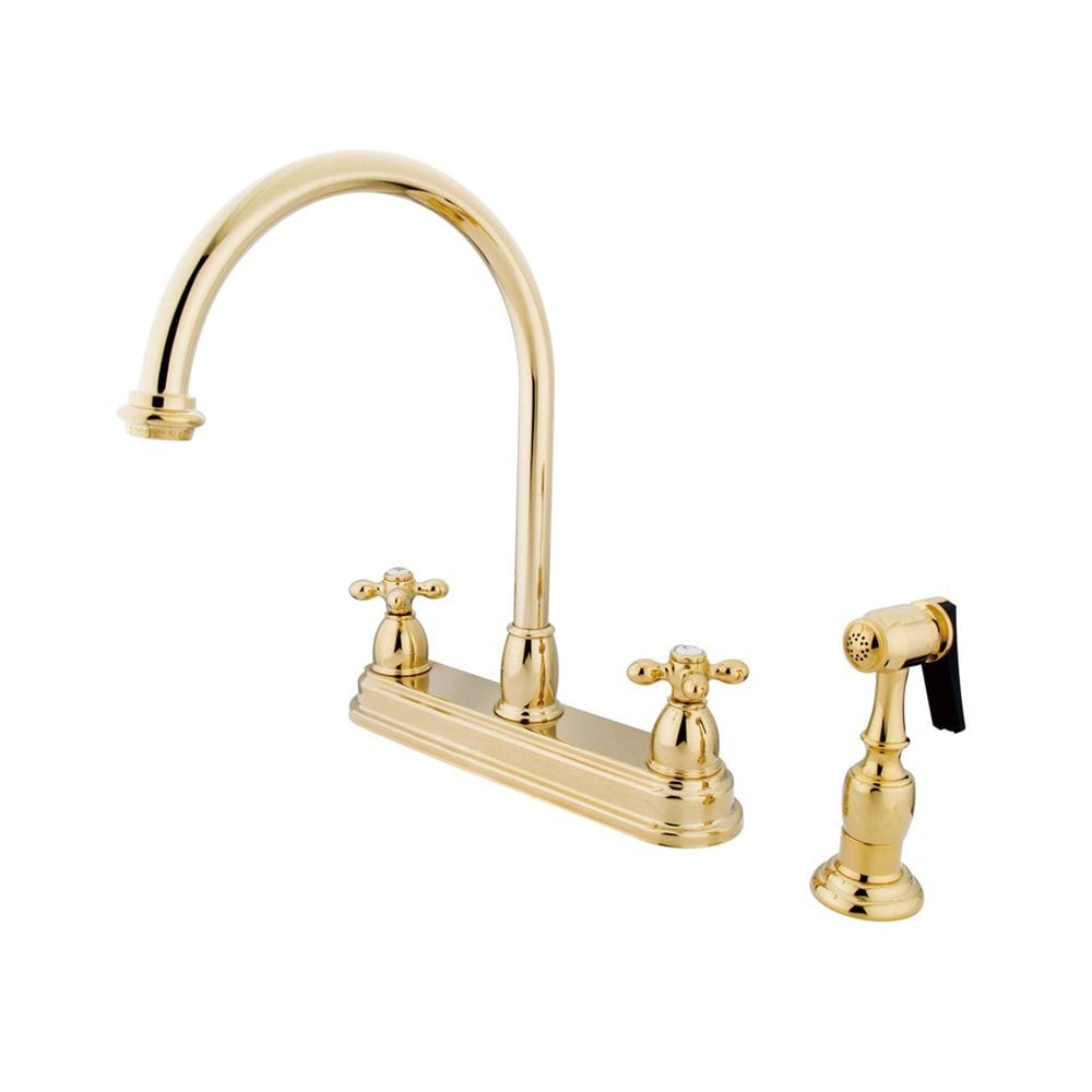 Chicago Polished Brass Double Handle High-arc Kitchen Faucet with Deck Plate and Side Spray Included | - Elements of Design EB3752AXBS