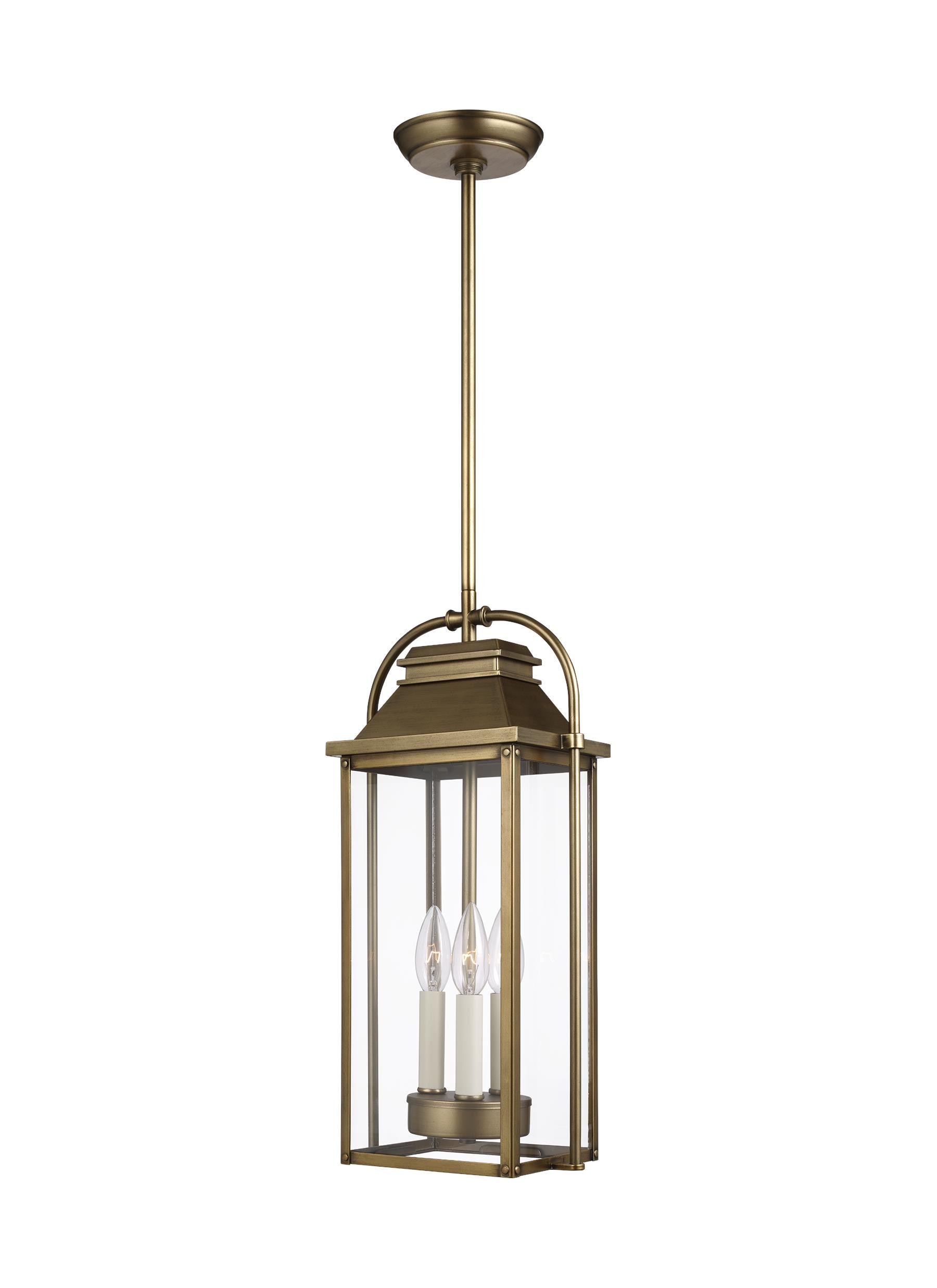 Generation Lighting OL13209PDB Wellsworth 3 -Light Painted Distressed Brass Transitional Clear glass Lantern Medium Outdoor Hanging Pendant light