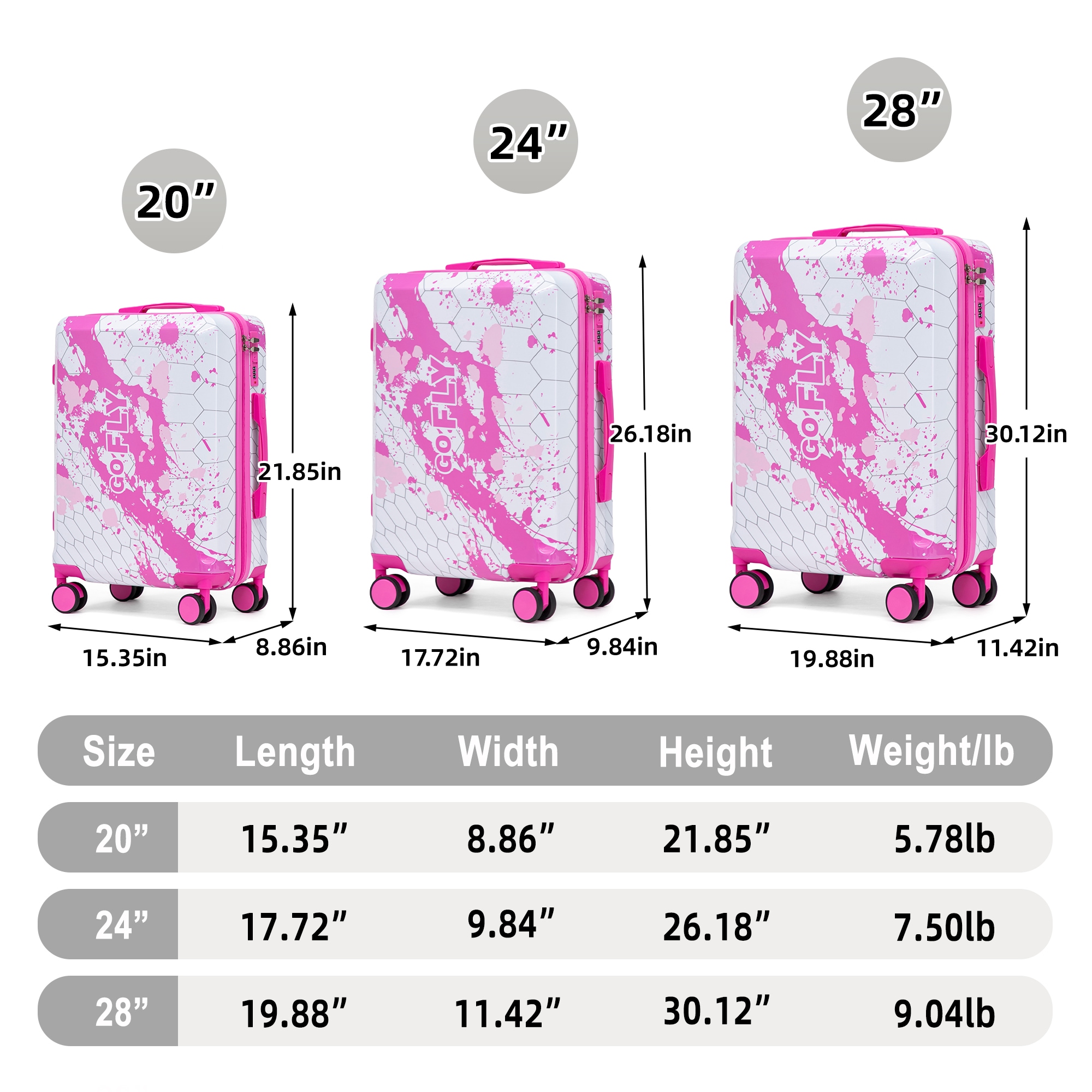 LUXEYARD 20 inch 24 inch 28 inch 3 pcs set inch PC Spinner Wheel Luggage Carry on Suitcase With Printed pattern and Combination Lock Pink