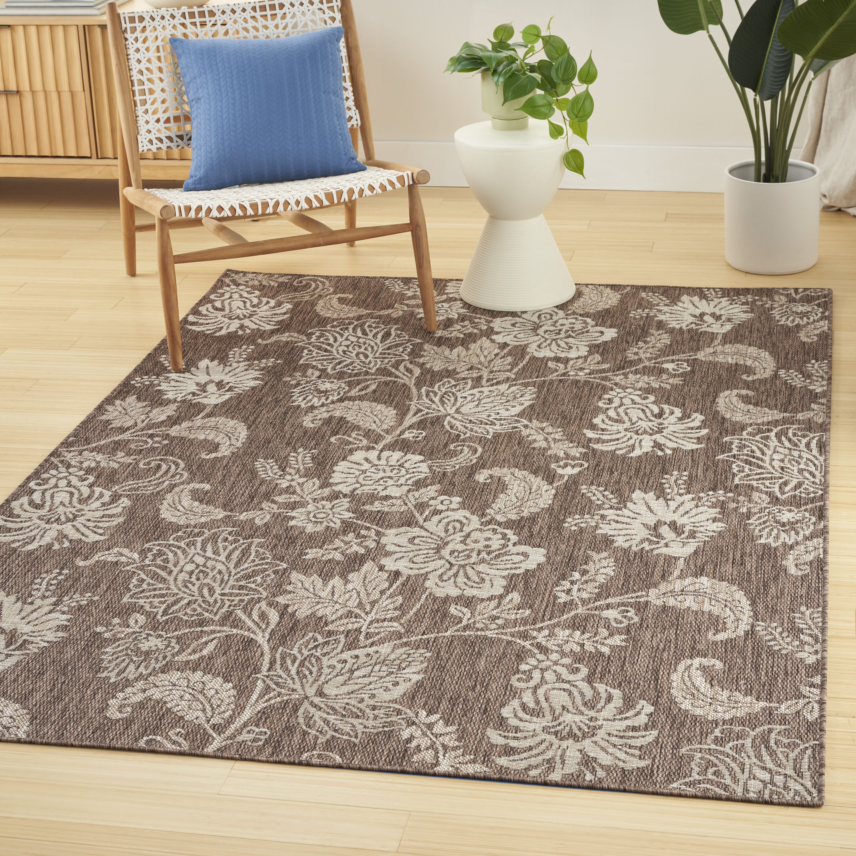 Nourison Home 099446959416 Garden Oasis 4 x 6 (ft) Loomed Polypropylene Mocha Rectangular Indoor/Outdoor Floral/Botanical Tropical Area rug