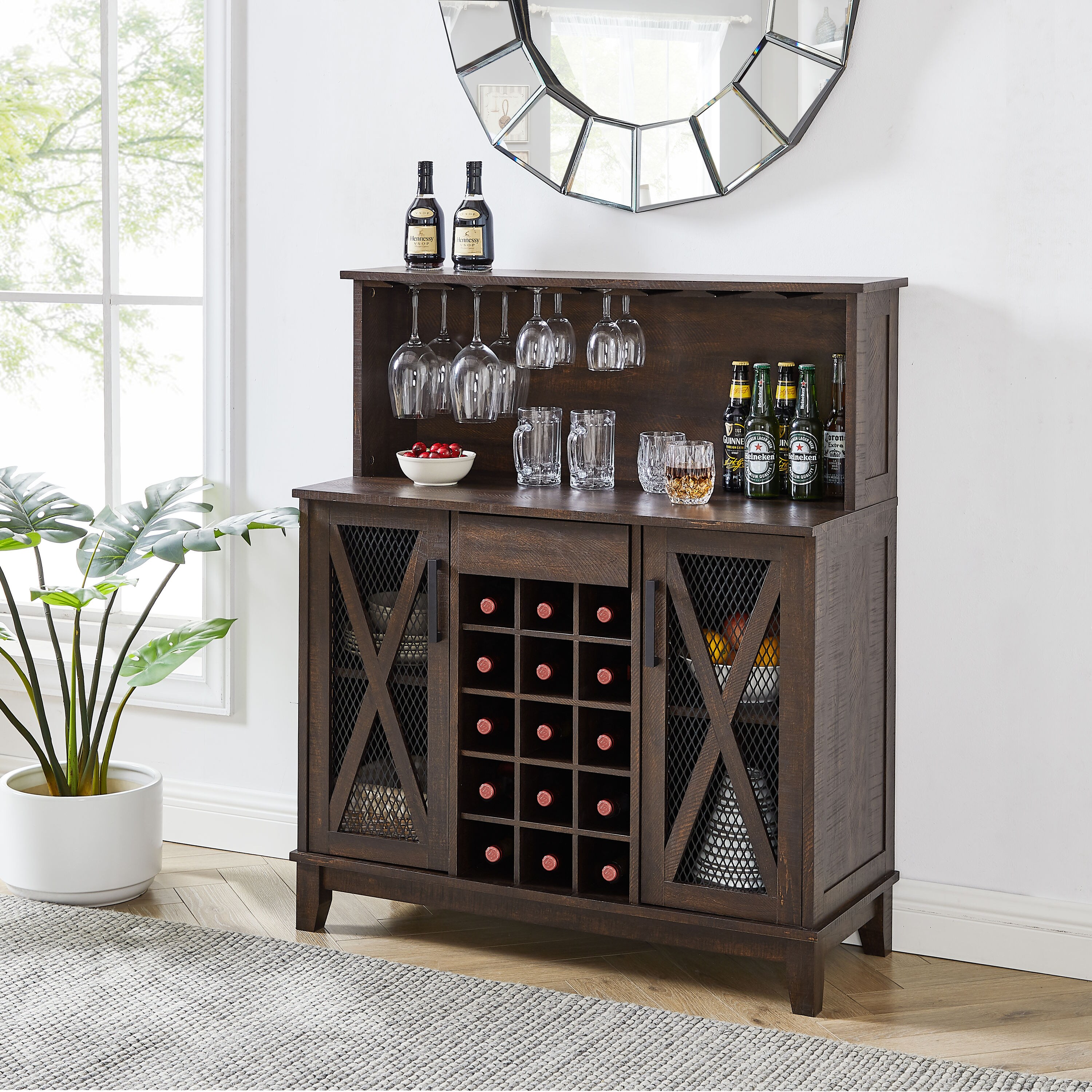 Dark Brown Cherry Buffet with Storage Coffee Bar Cabinet Wine
