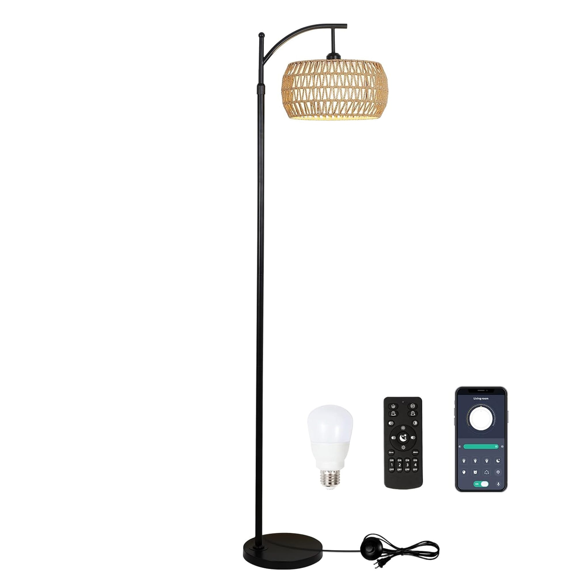 SINOFURN SYB510053BK 72.8-Inches Black Arc Floor Lamp with Rattan Shade
