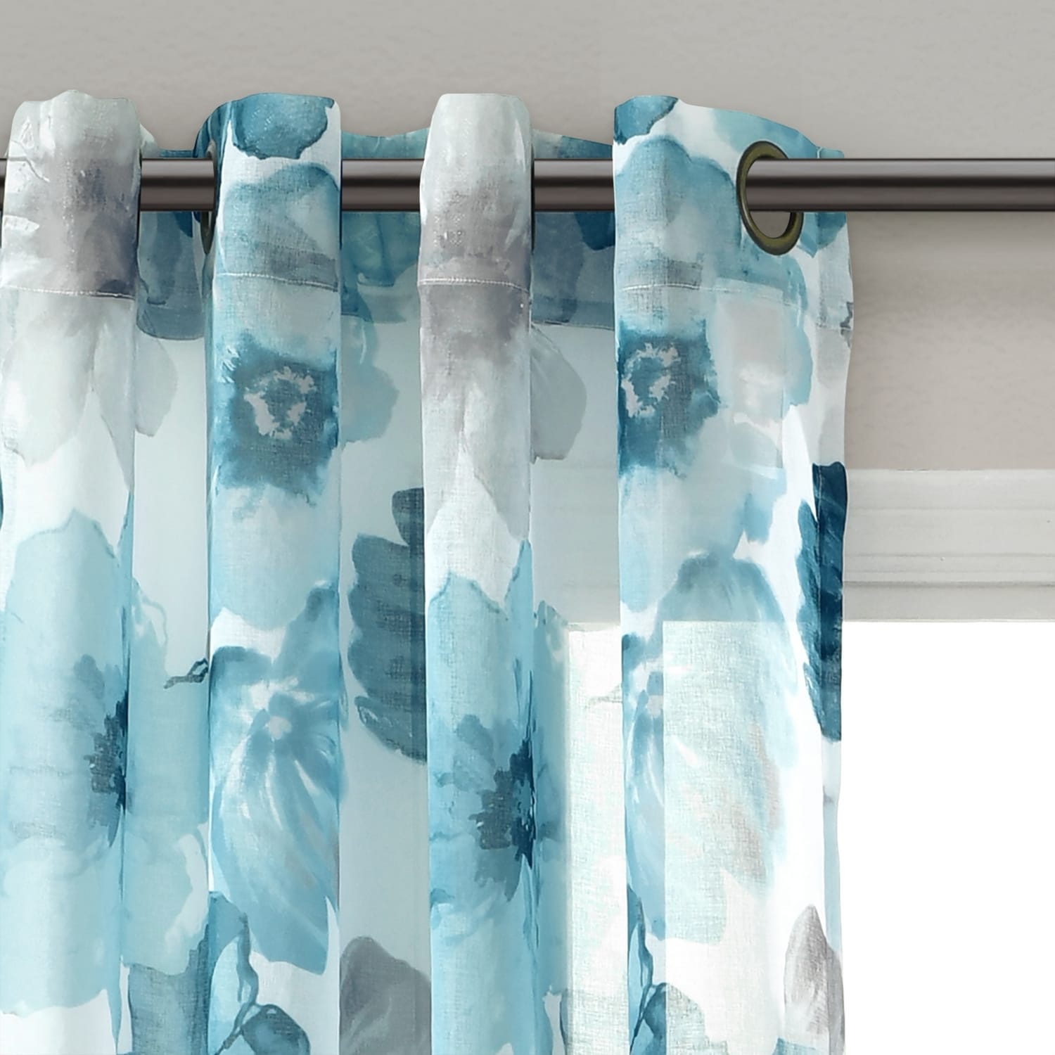 Leah Blue Floral Sheer Polyester Window Curtain Panels
