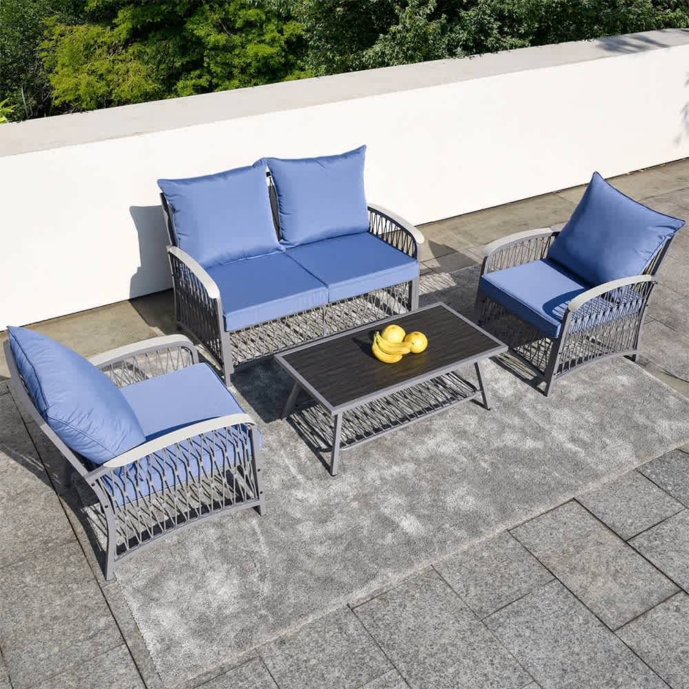 JUJABU ZJOUTDOORSET-3 Blue 4 Pieces Patio Furniture Set Metal Outdoor Conversation Set with Table and Thick Cushions Sectional Sofa Seating Set for Backyard Porch Poolside Garden
