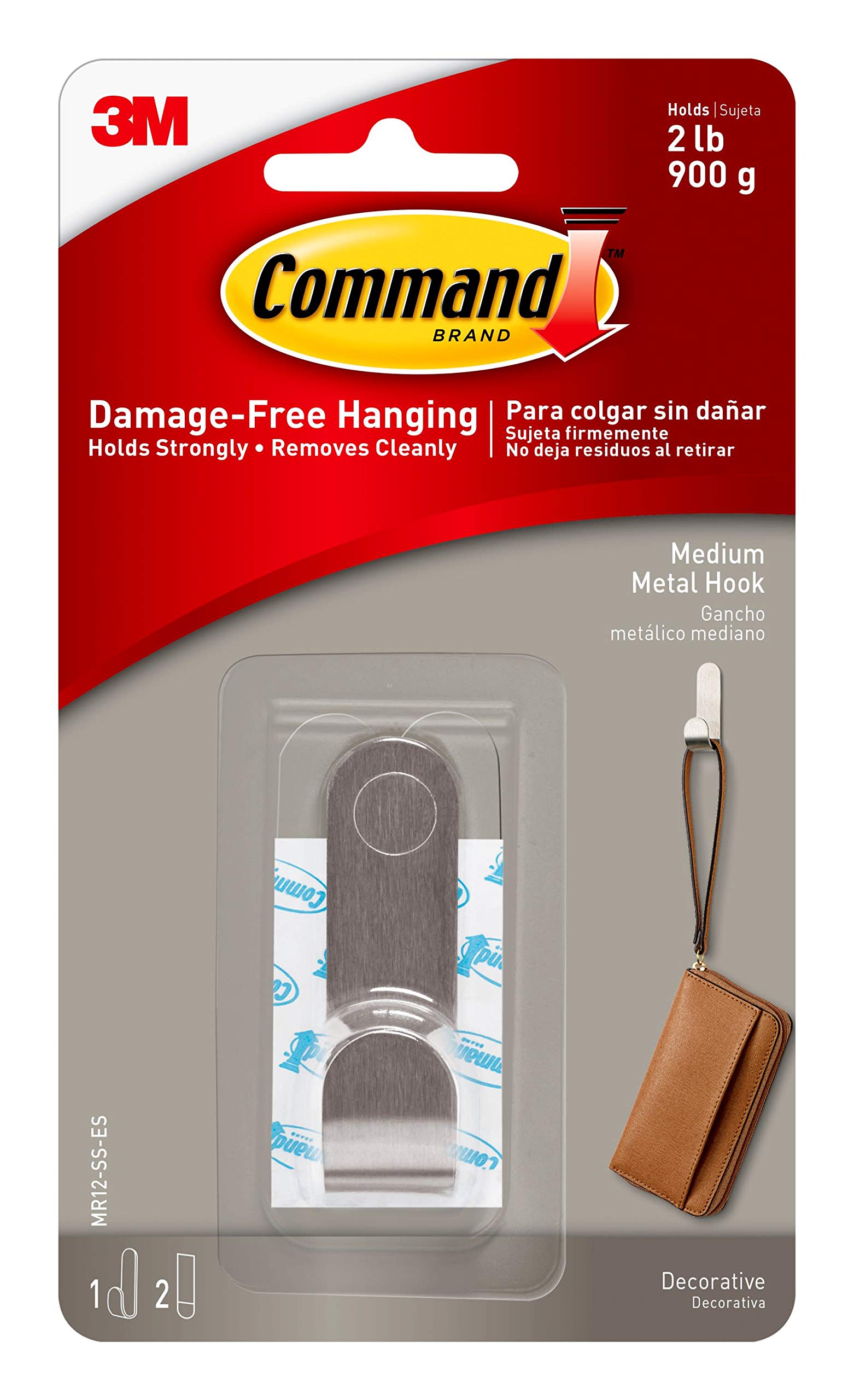 Command  Medium Modern Metal Hook Stainless Steel 1-Hook 2 Strips