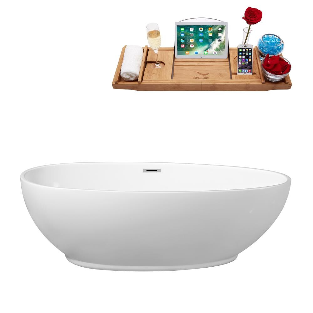 Streamline N-382-71FSWH-FM 70.9-in x 35.4-in Glossy White Acrylic Oval Freestanding Soaking Bathtub with Drain (Center Drain)