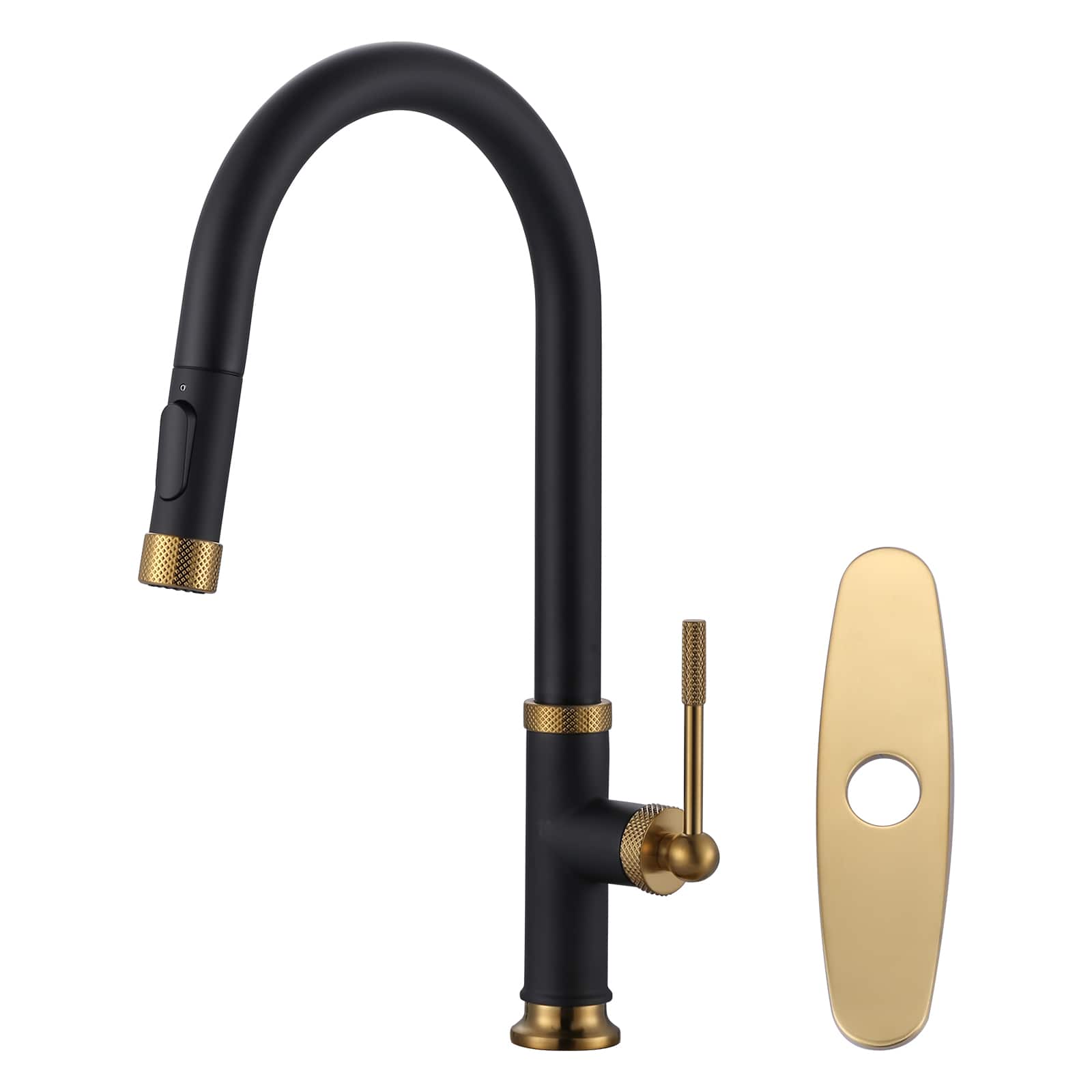 ALEASHA Slim Single Handle Pull Down Sprayer Kitchen Faucet with Deckplate in Gold and Black