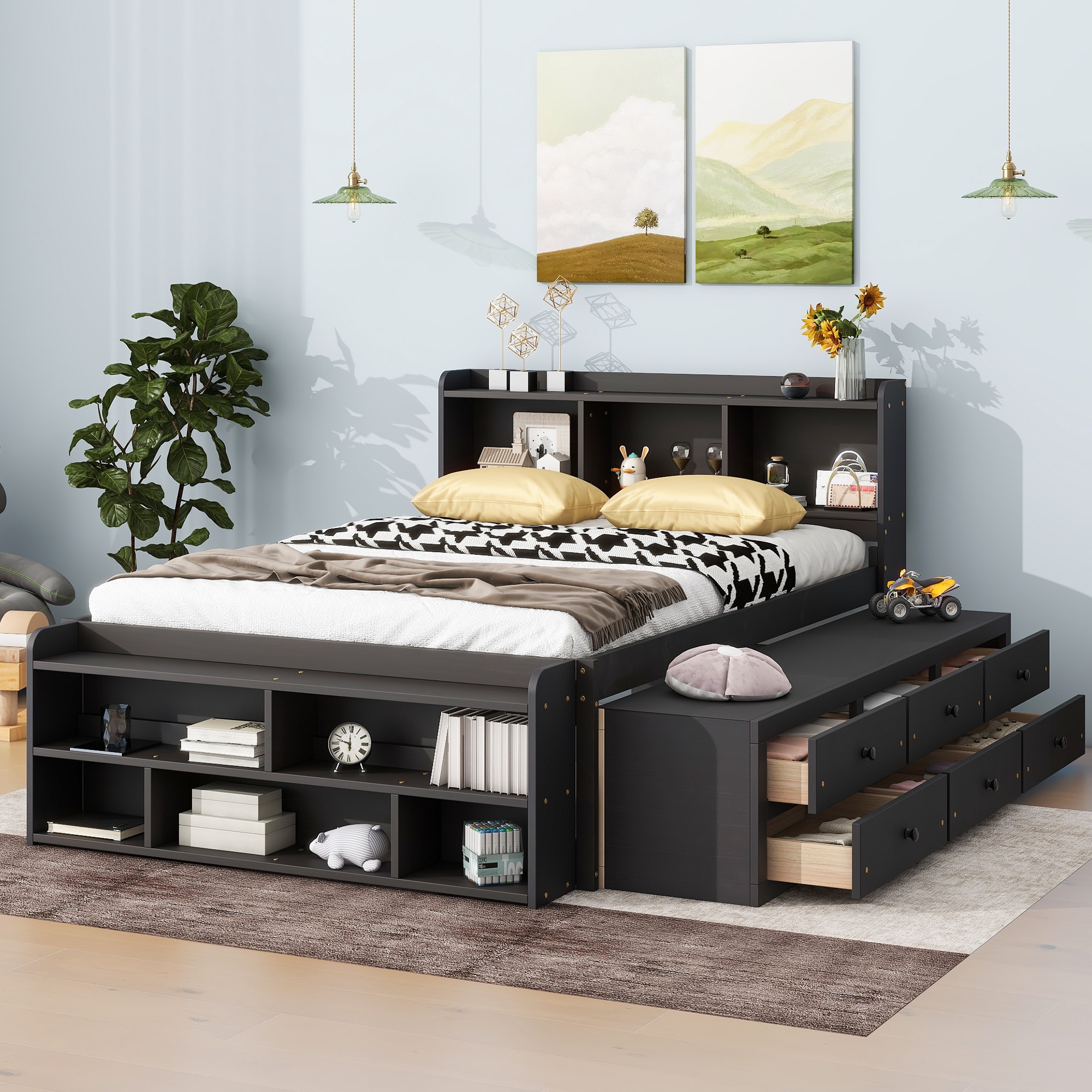 LOVMOR SF-Y-W504S00128 Full Bed with Bookcase Headboard  Under bed Storage Drawers and Bed End Storage Case Espresso