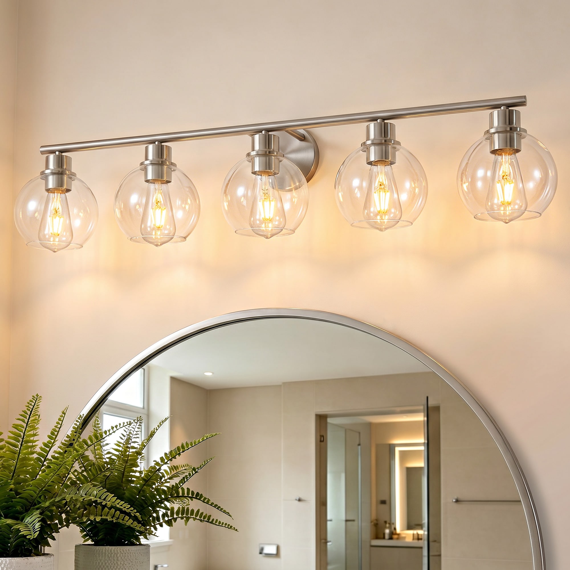 Lanmate  5 Light Nickel Bathroom Vanity Light Fixture with Clear Glass Globe Shades 37.4-in