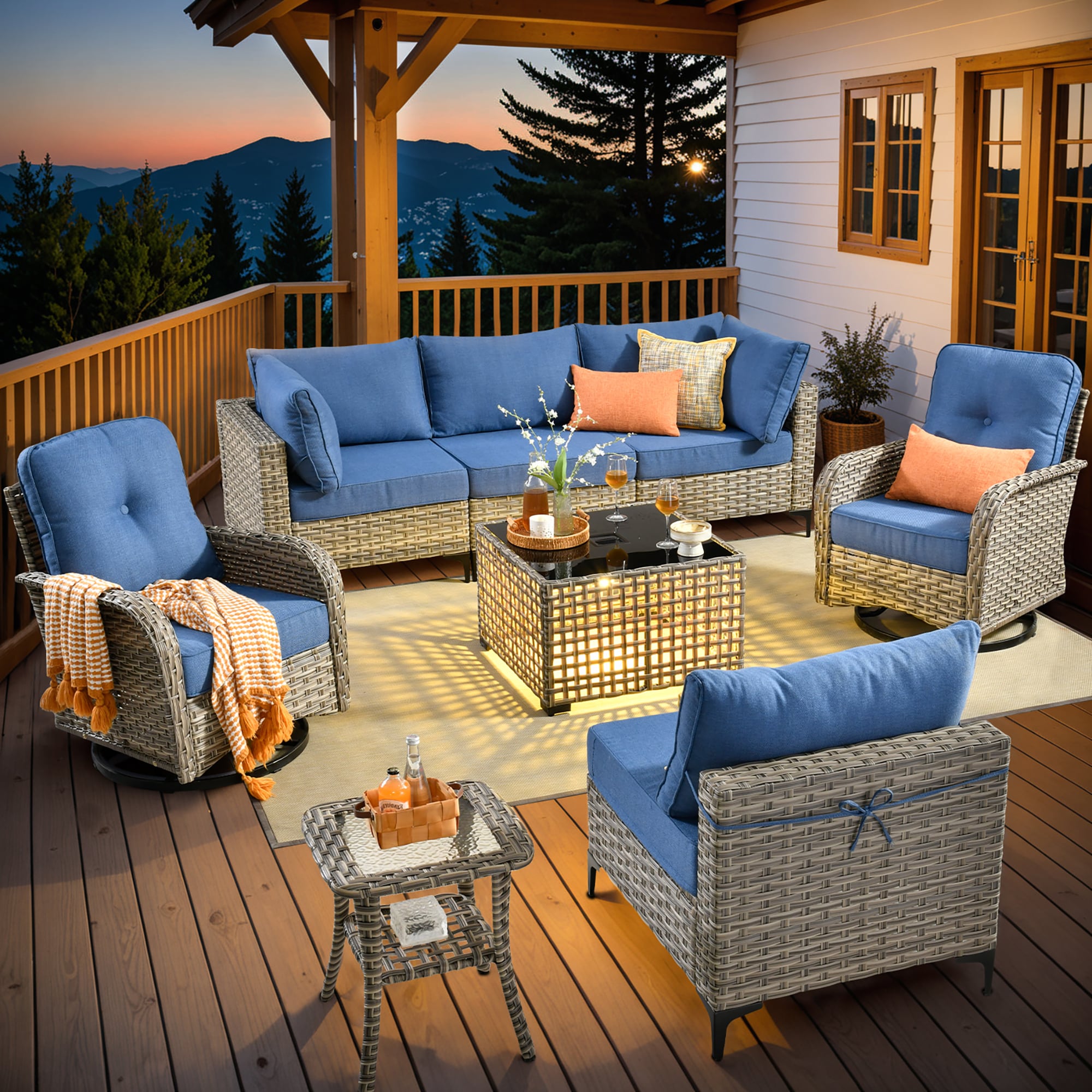 Caodoc L5-VYZSKT508-1 VYZSKT Wicker Outdoor Sofa with Blue Cushions and Wicker Frame