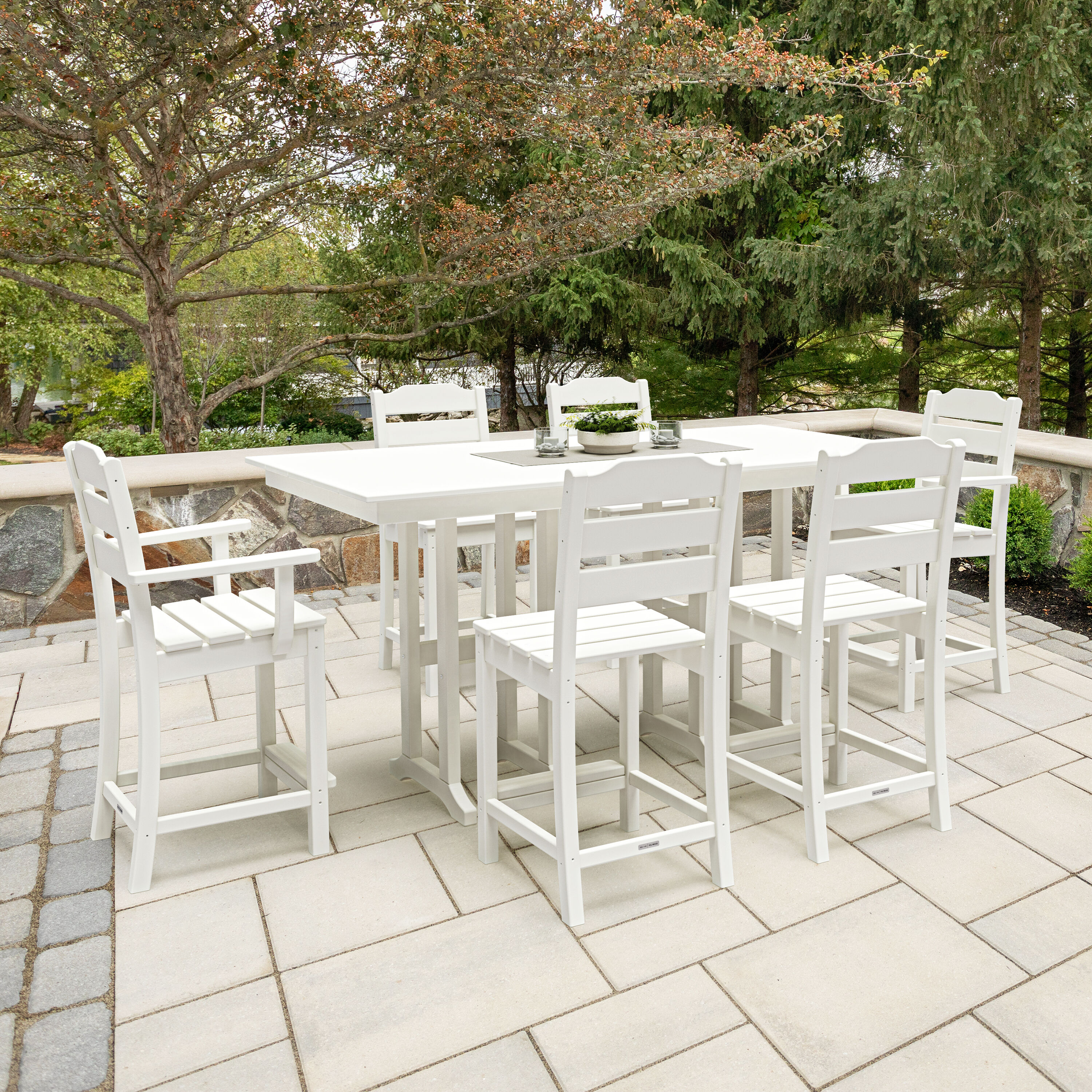 POLYWOOD PWS2537-1-WH Oakport 7 -Piece White Balcony Height Patio Dining Set Plastic Rectangle Table with 6 Stationary Chairs
