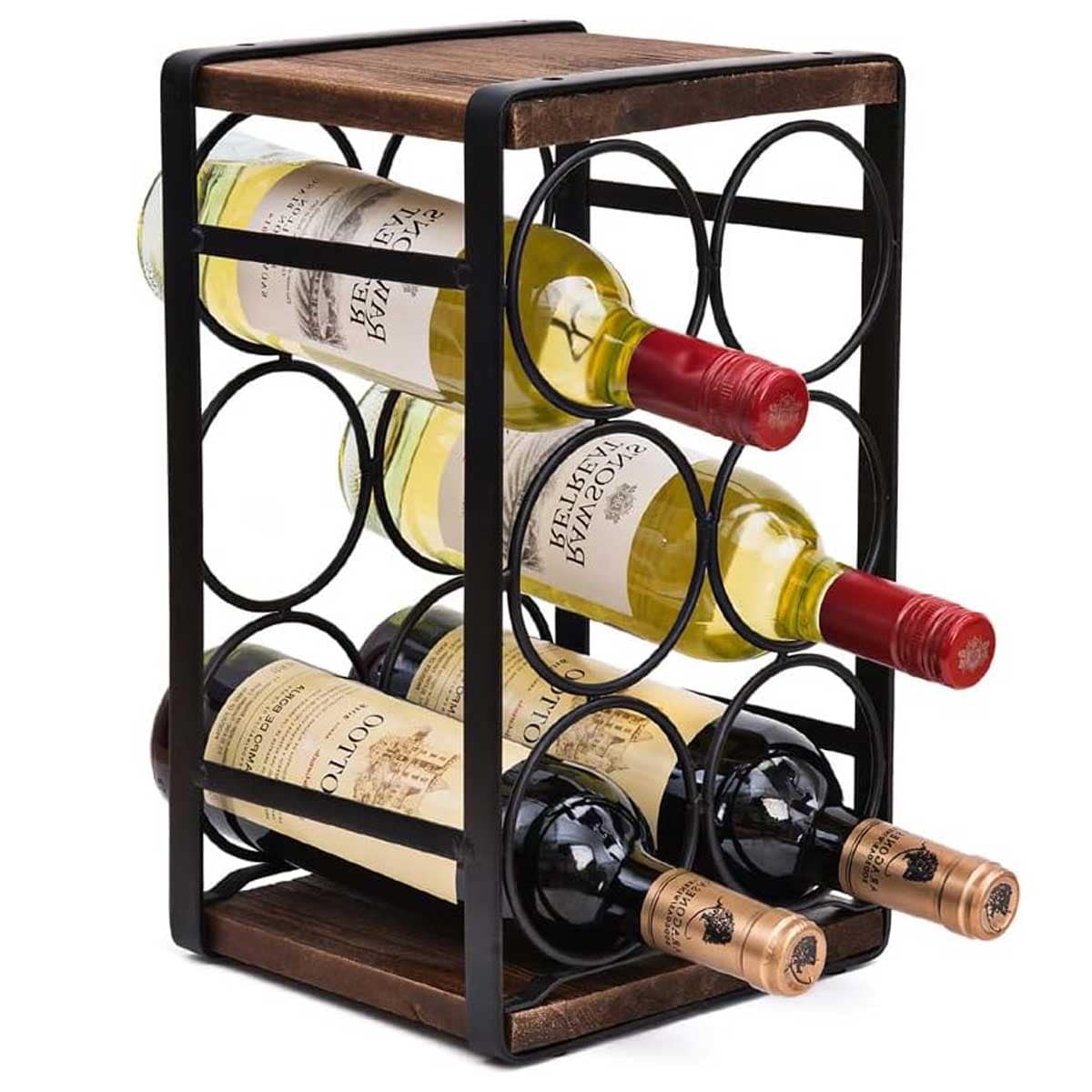 Aoibox LABWR026 Rustic Wood Countertop Wine Rack Holds 6 Bottles No Assembly Required Durable Metal and Wood Design Perfect for Kitchen Bar Table Display