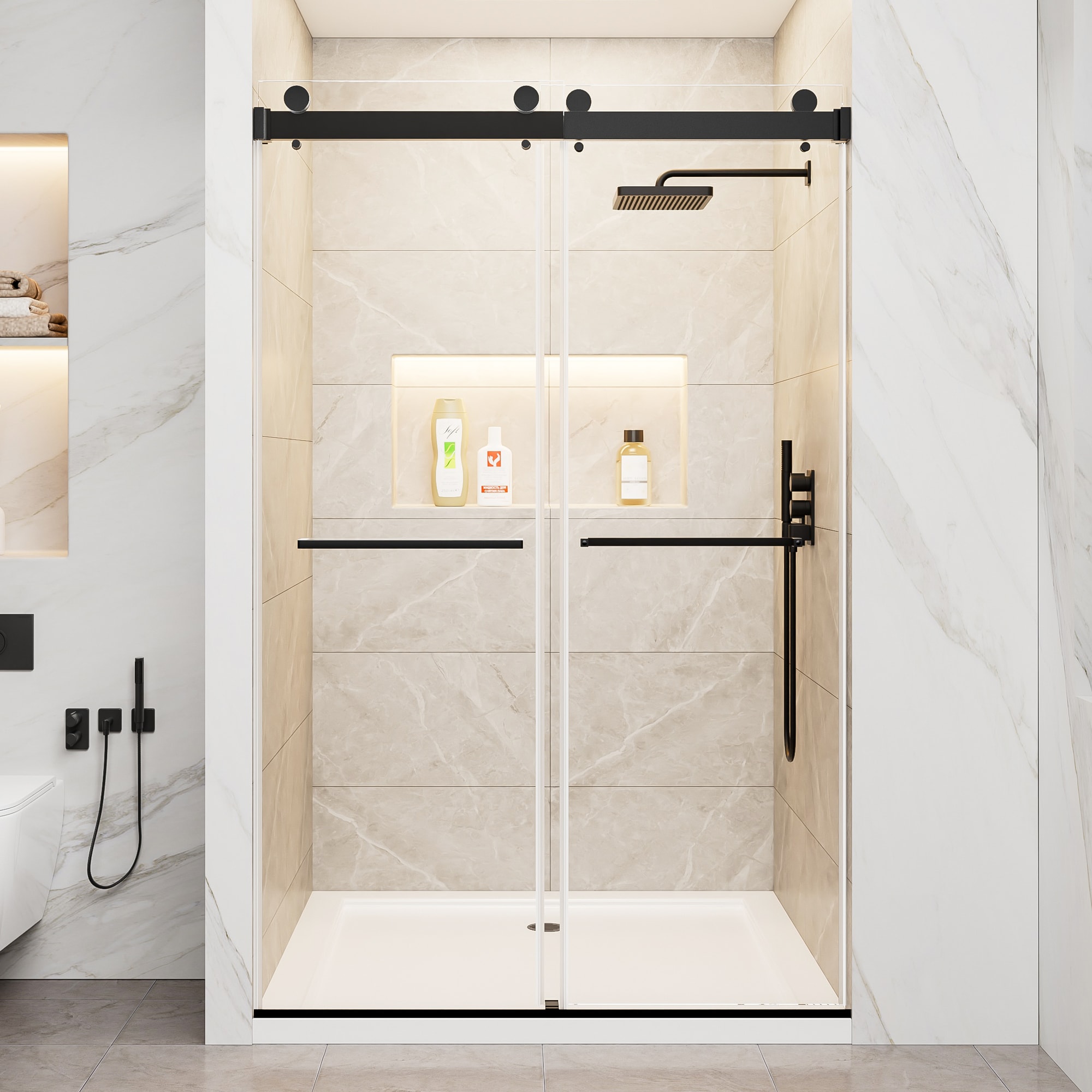 BEARSOLIM 44-in to 48-in W x 76-in H Semi-frameless Double Sliding Shower Door Soft-Close 5/16-in Clear Tempered Glass With Explosion-proof Film Matte Black